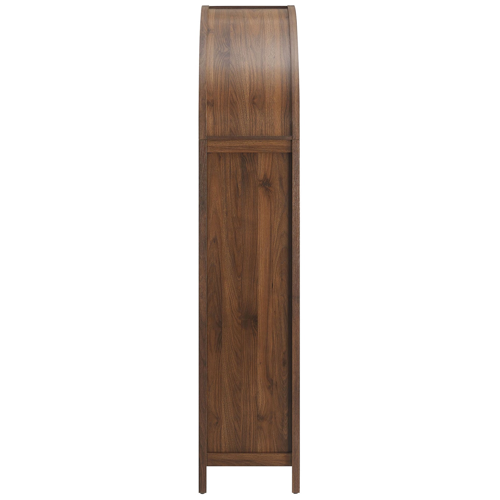 Walnut arched cabinet highlighting curved top, rich grain panels, and tapered legs || EEI-7294-WAL || side_studio