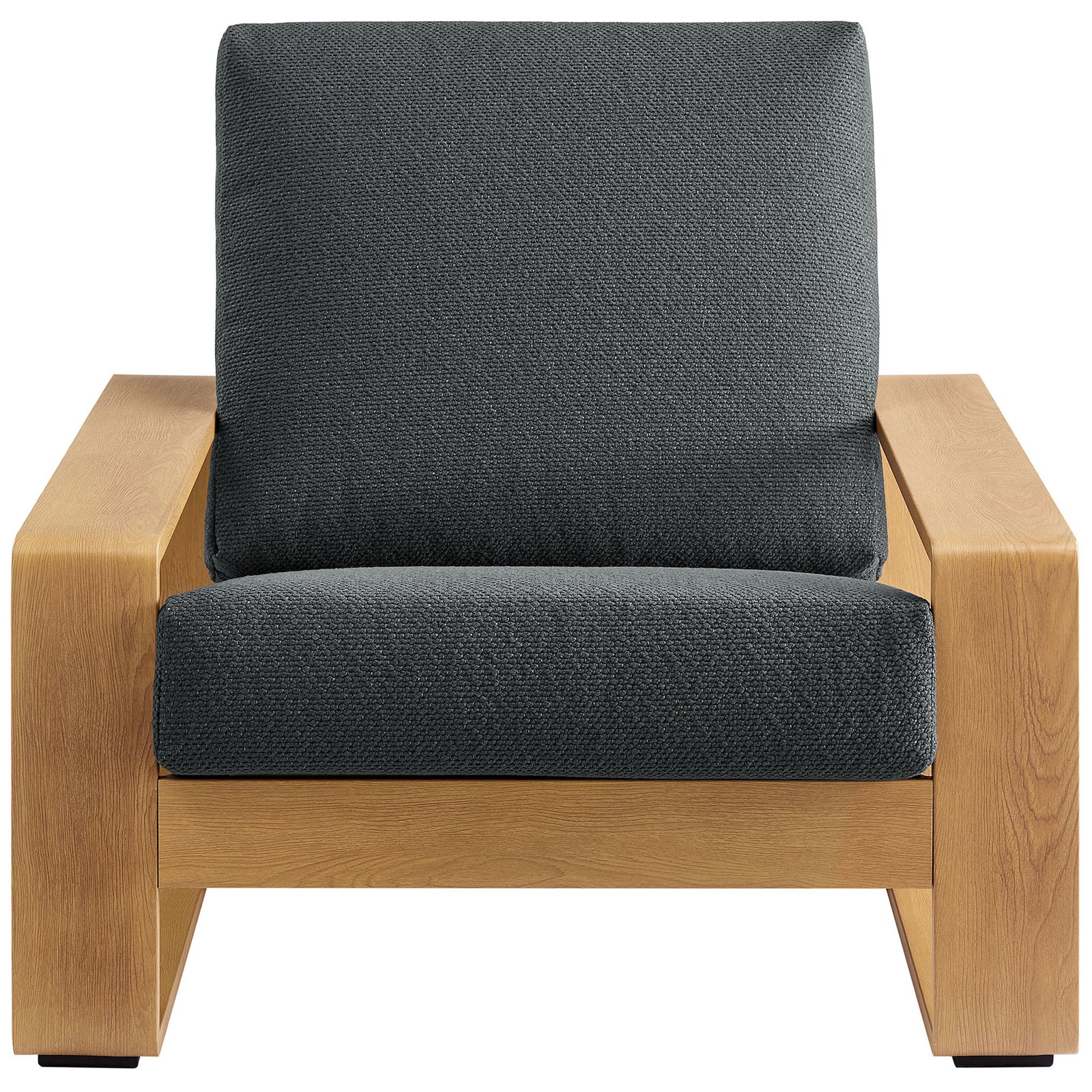 Charcoal cushioned outdoor armchair with warm faux wood frame and deep lounge seat || EEI-7296-CHA-NAT || front_studio