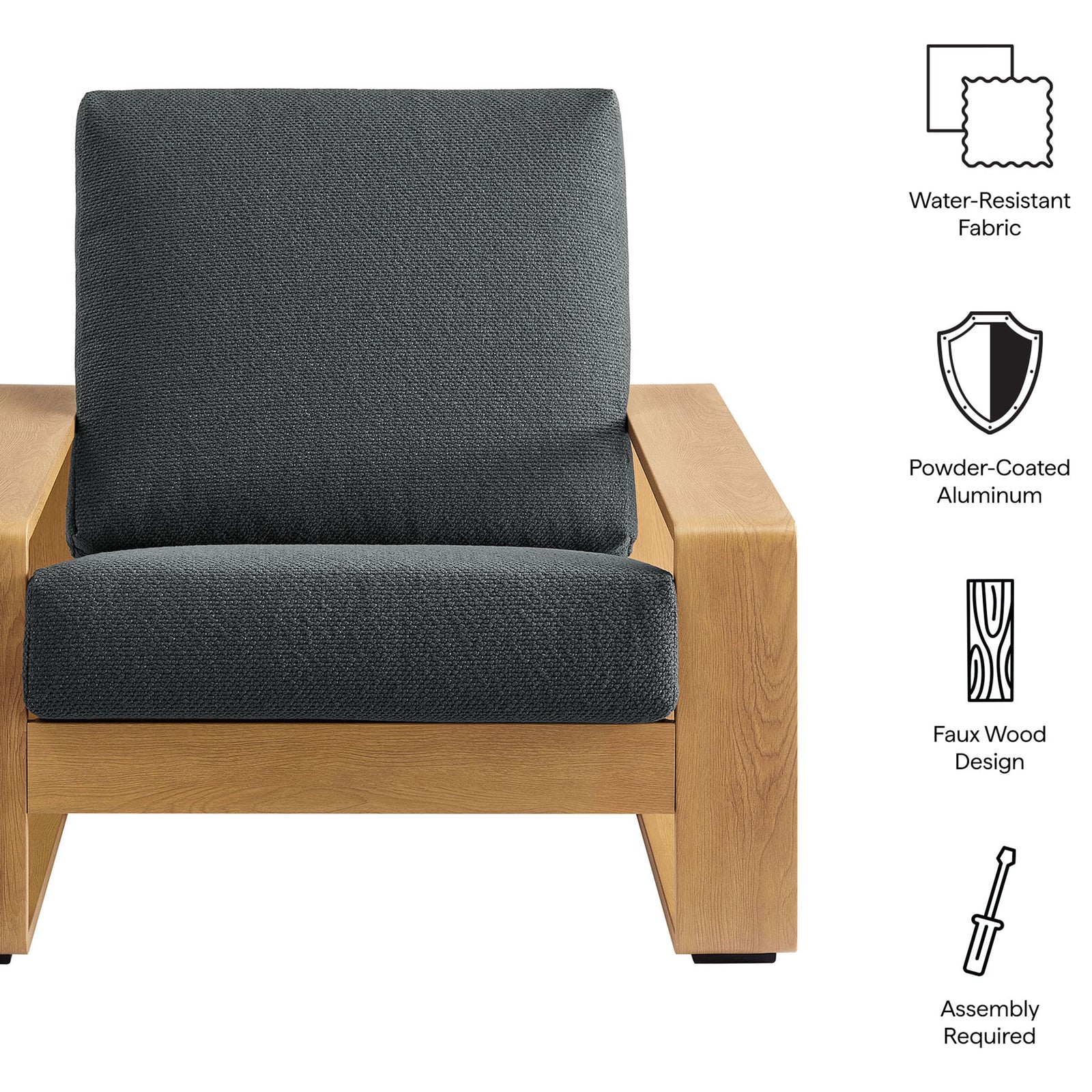 Outdoor armchair featuring water-resistant charcoal cushions and a durable powder-coated faux wood frame || EEI-7296-CHA-NAT || callout_studio