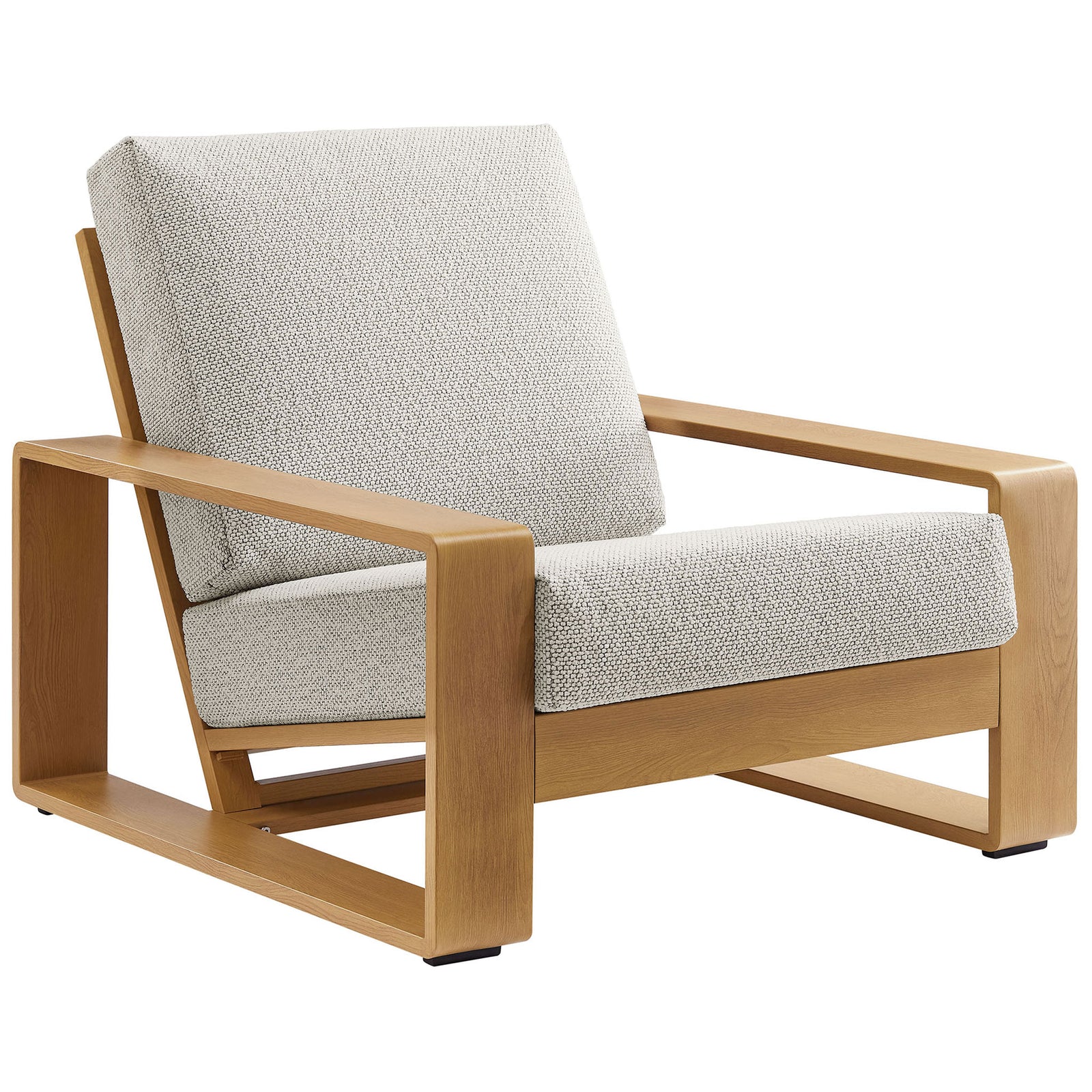 Modern outdoor armchair with open rectangular arms and ivory cushions for sculptural comfort || EEI-7296-IVO-NAT || front_angle_studio