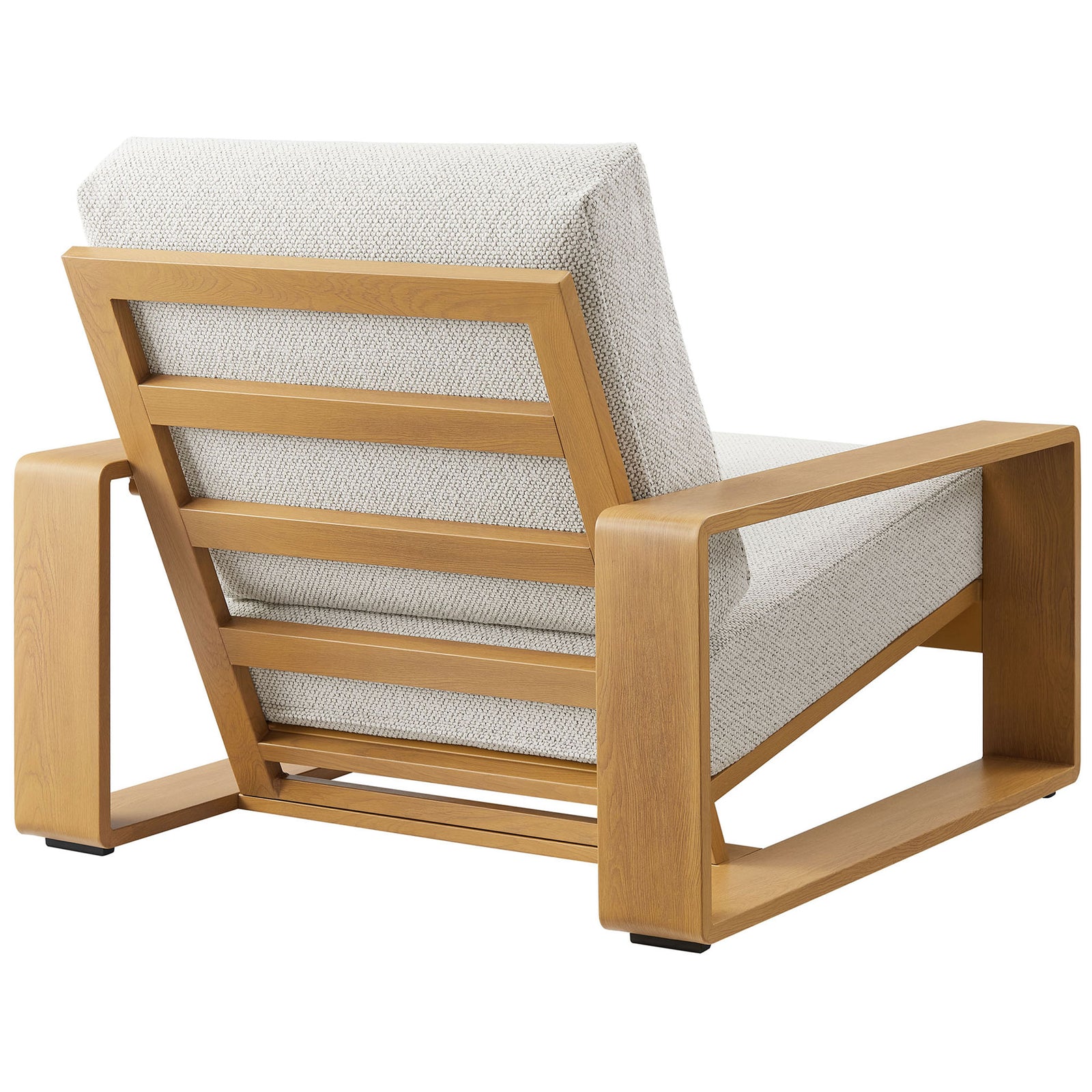 Outdoor armchair with slatted faux wood back and generous ivory cushions for modern relaxation || EEI-7296-IVO-NAT || back_angle_studio