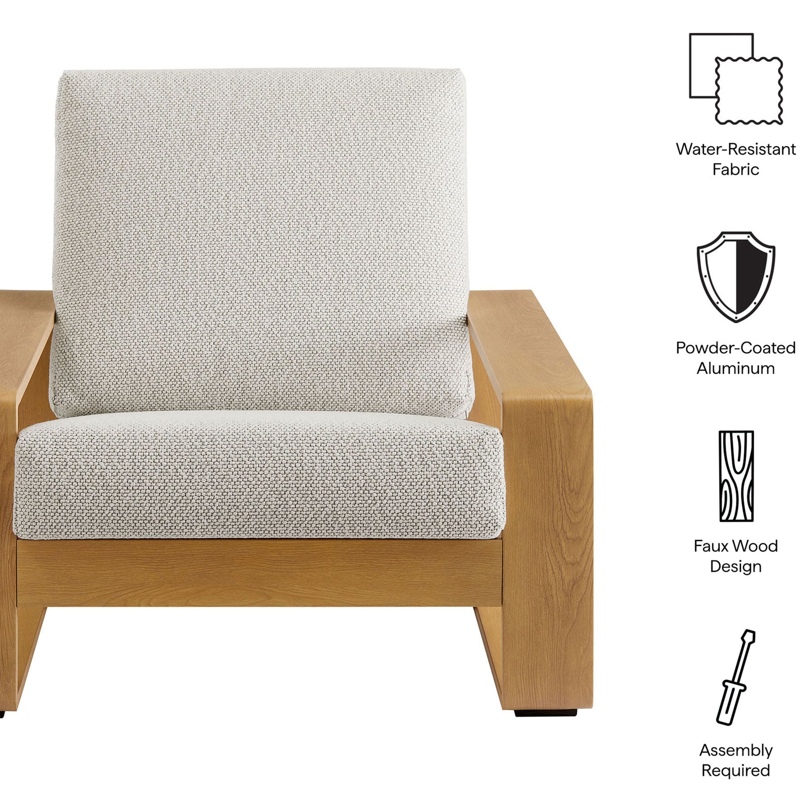 Outdoor armchair featuring water-resistant ivory cushions and a durable powder-coated faux wood frame || EEI-7296-IVO-NAT || callout_studio