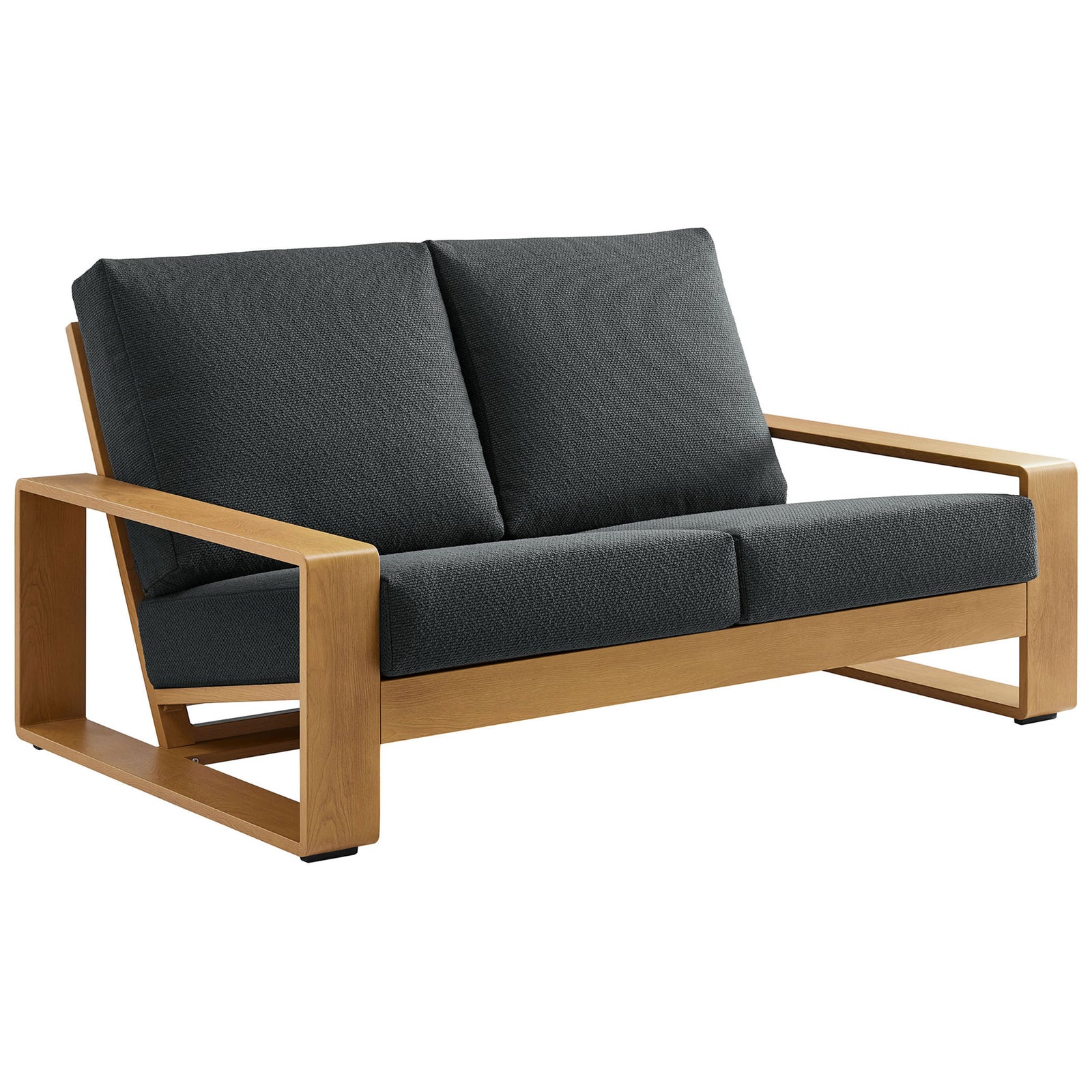 Lirienne loveseat pairs deep charcoal cushions with a natural wood-look frame for resort style || EEI-7297-CHA-NAT || front_angle_studio