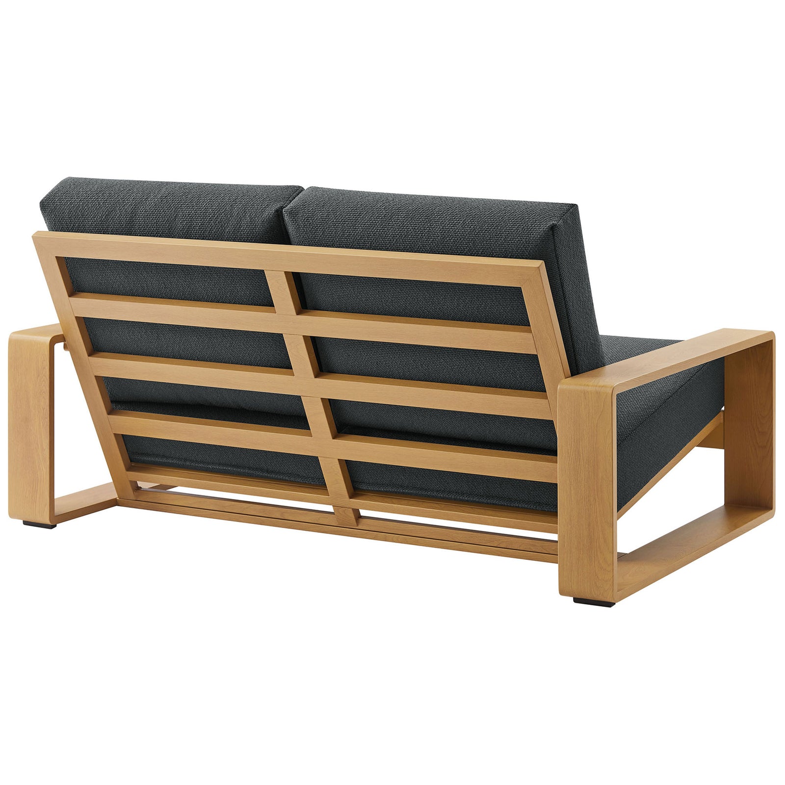 Slatted back detail shows the natural-toned frame surrounding plush charcoal back cushions || EEI-7297-CHA-NAT || back_angle_studio