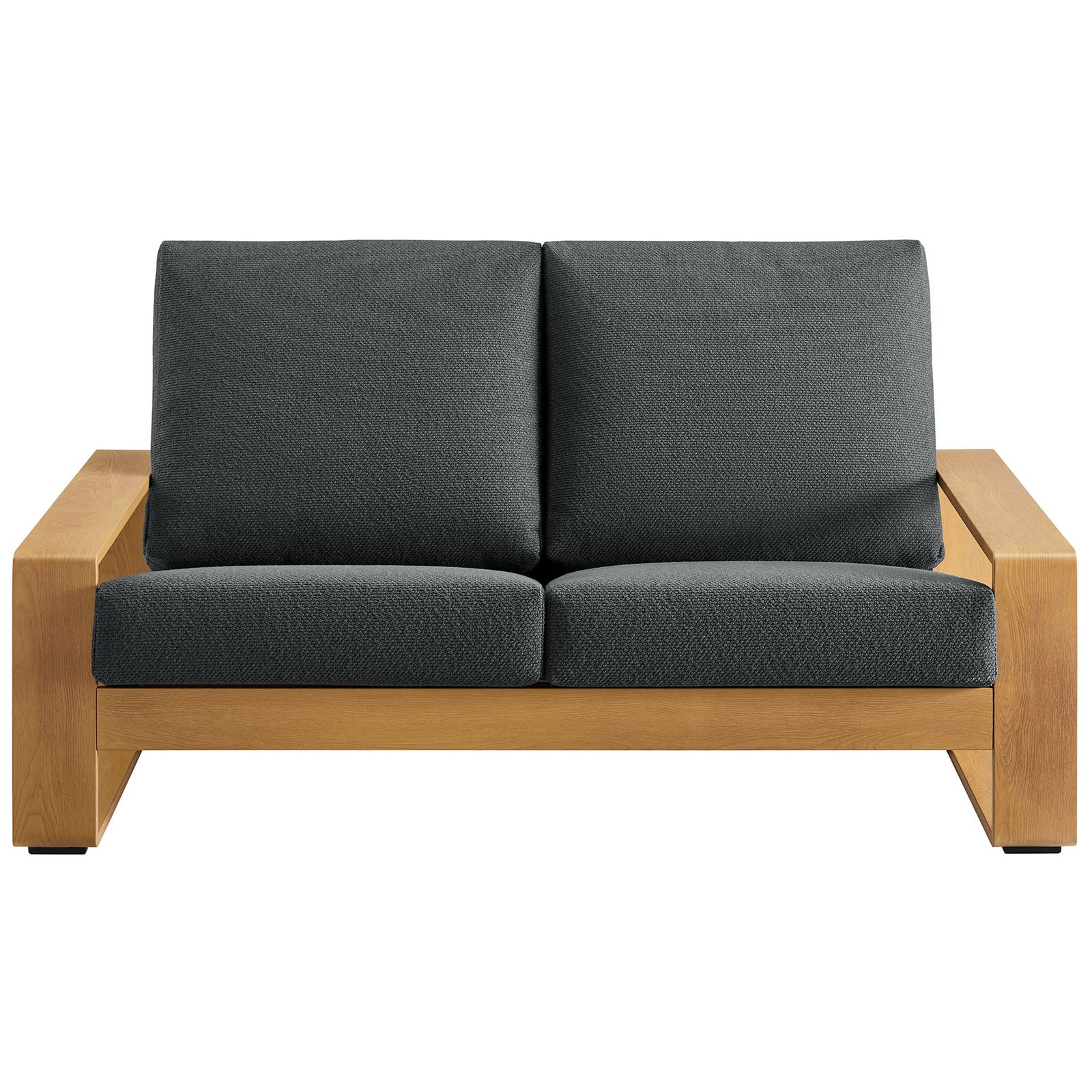 Charcoal cushions and warm faux wood aluminum frame create a striking modern outdoor loveseat || EEI-7297-CHA-NAT || front_studio