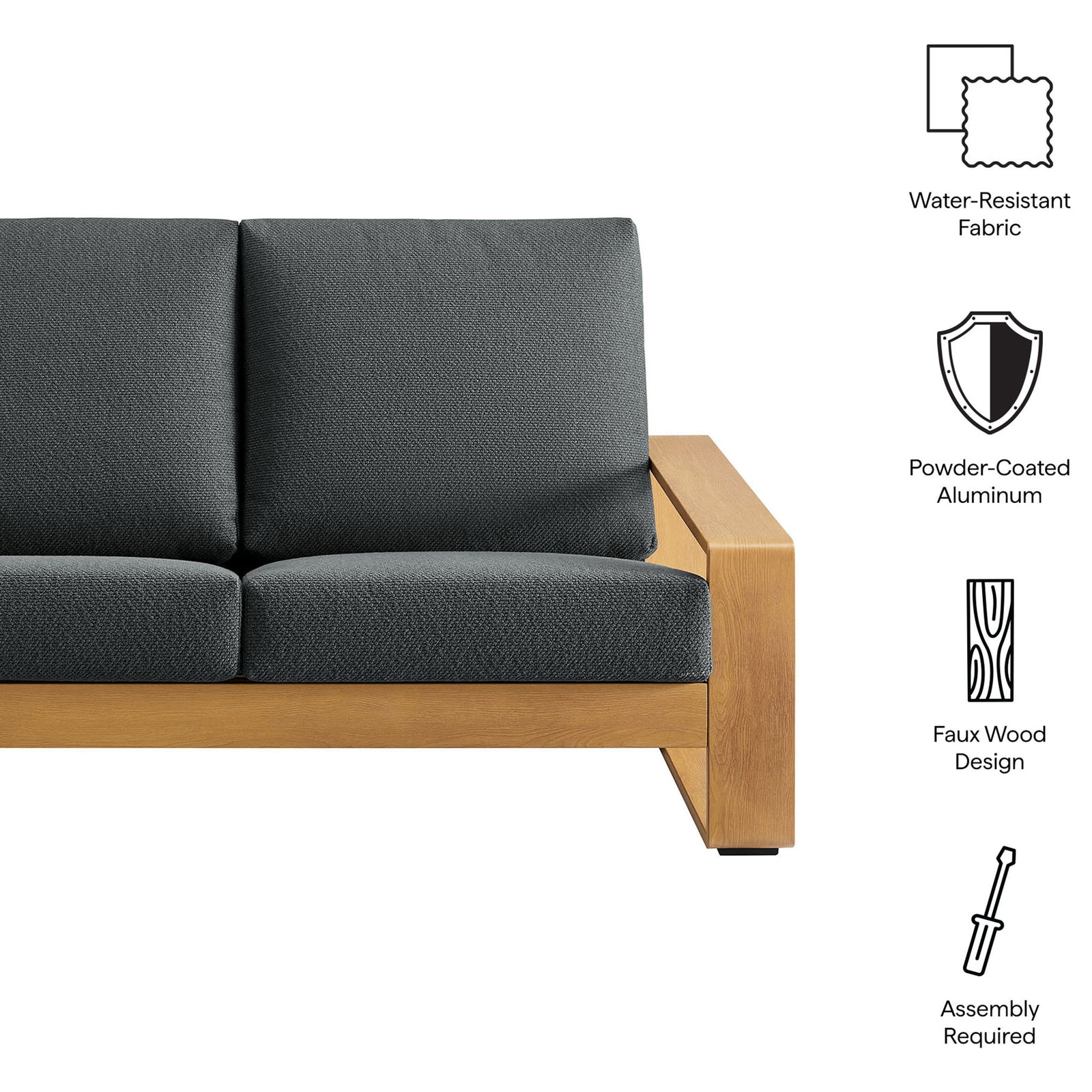 Feature icons showcase water-resistant fabric, powder-coated aluminum, and faux wood design || EEI-7297-CHA-NAT || callout_studio