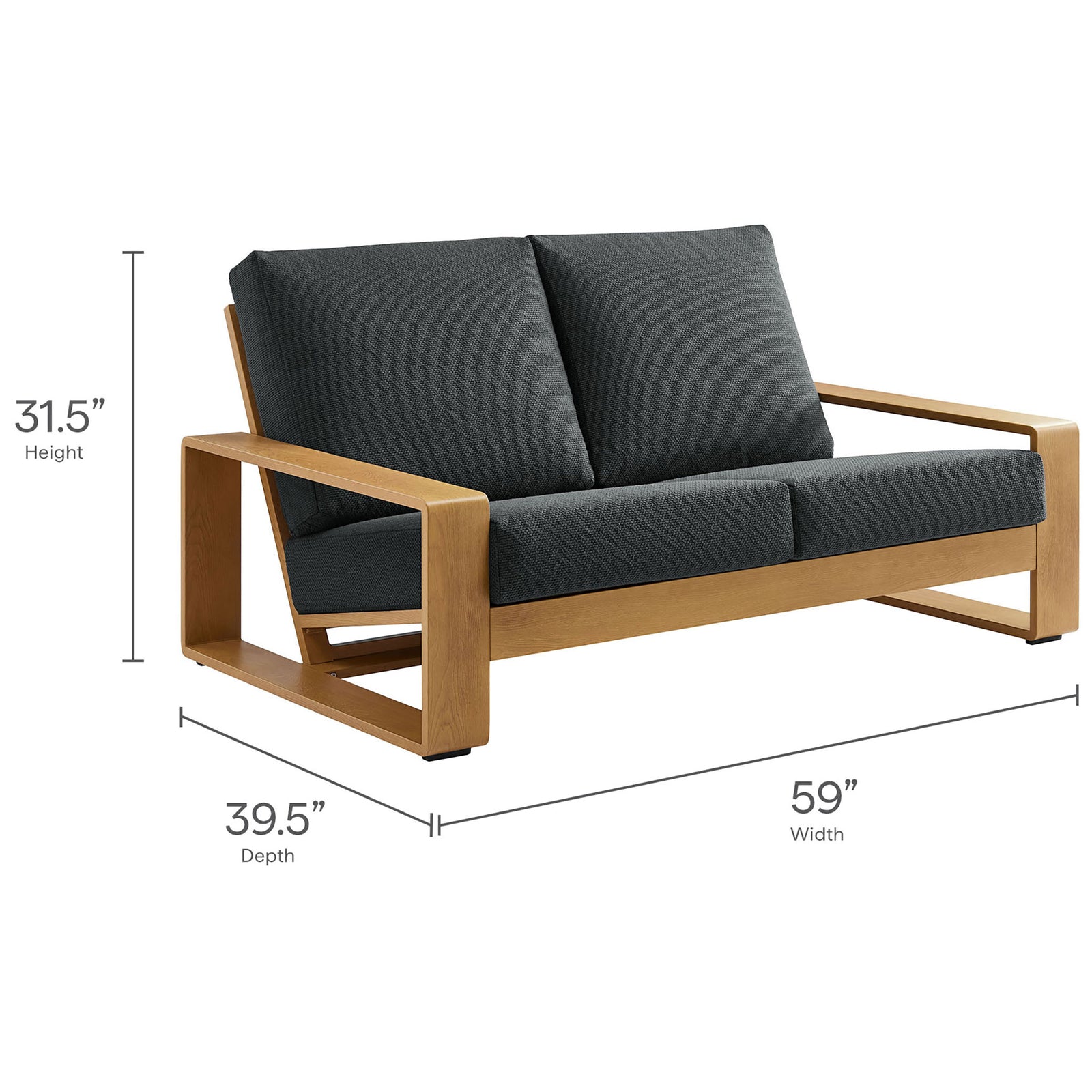 Dimension image outlines the loveseat's height, depth, and width for confident outdoor planning || EEI-7297-CHA-NAT || dimension_studio
