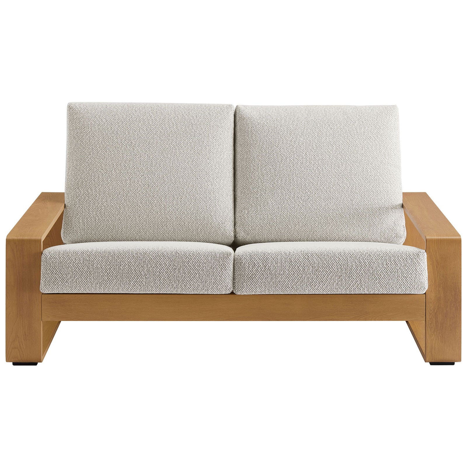 Ivory cushions and natural faux wood frame form a bright, inviting outdoor loveseat for lounging || EEI-7297-IVO-NAT || front_studio