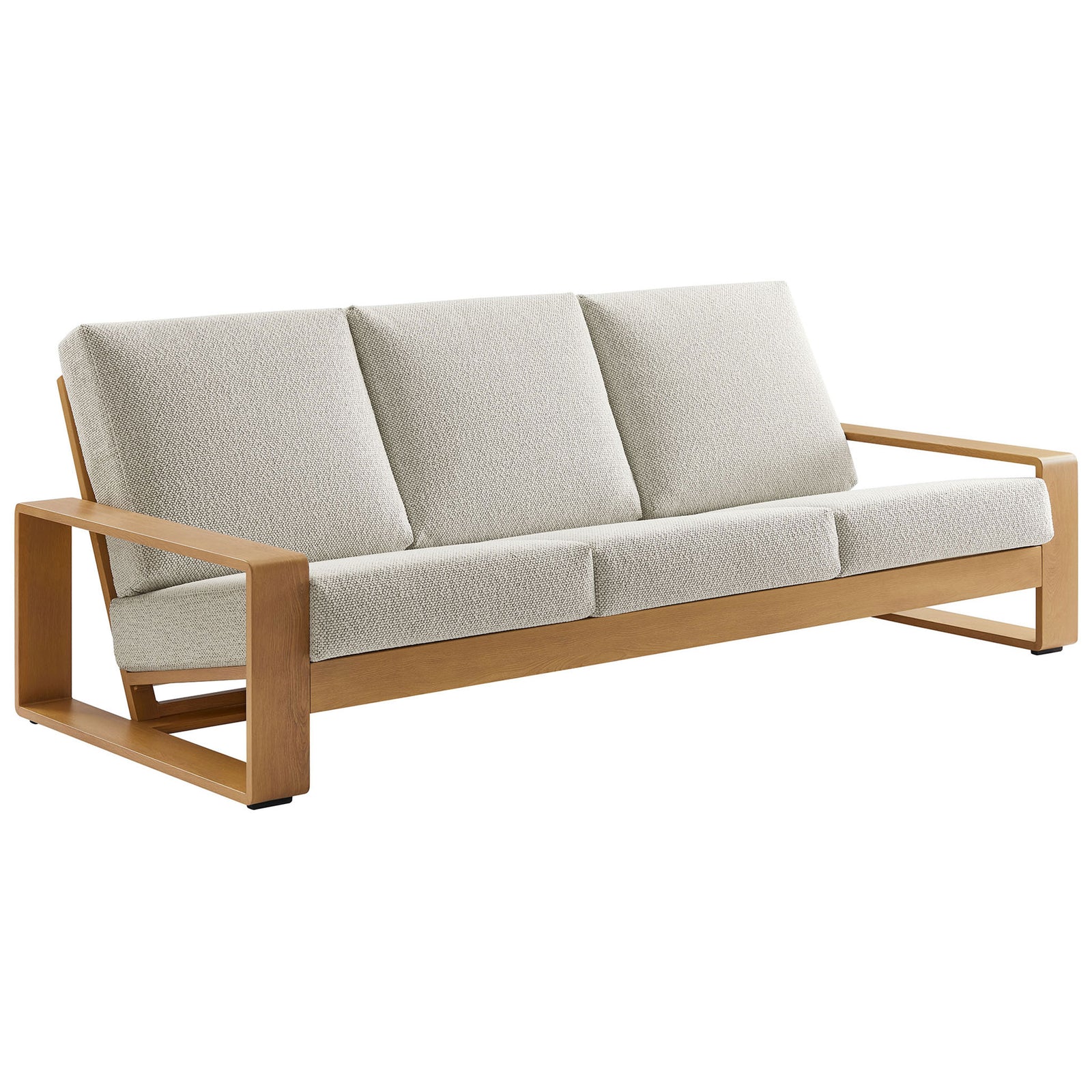 Ivory three-seat outdoor sofa with deep cushions and wide natural arms for relaxed, coastal-inspired lounging || EEI-7298-IVO-NAT || front_angle_studio