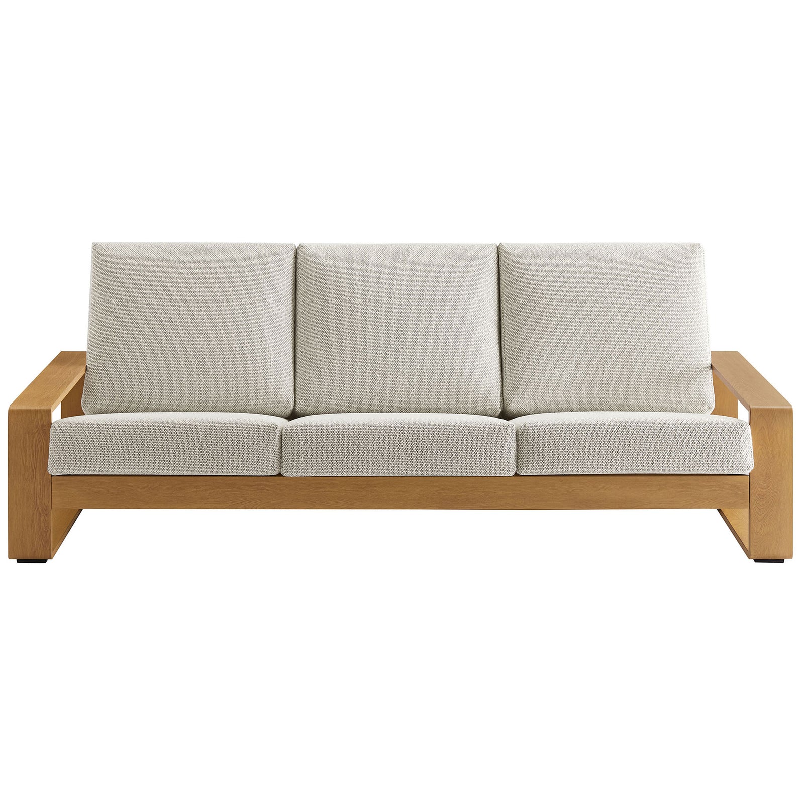 Ivory cushioned outdoor sofa with warm faux wood aluminum frame bringing light, airy style to the patio || EEI-7298-IVO-NAT || front_studio
