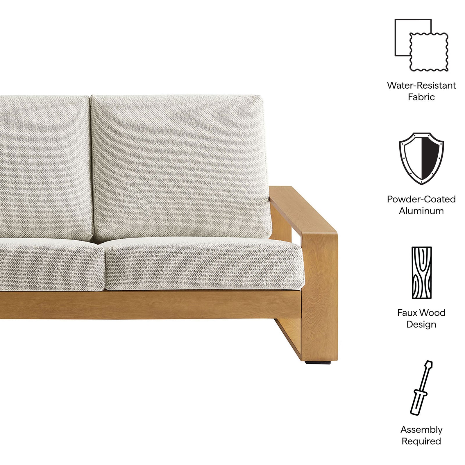 Ivory outdoor sofa with icons highlighting water-resistant fabric, powder-coated aluminum, faux wood design, and assembly || EEI-7298-IVO-NAT || callout_studio