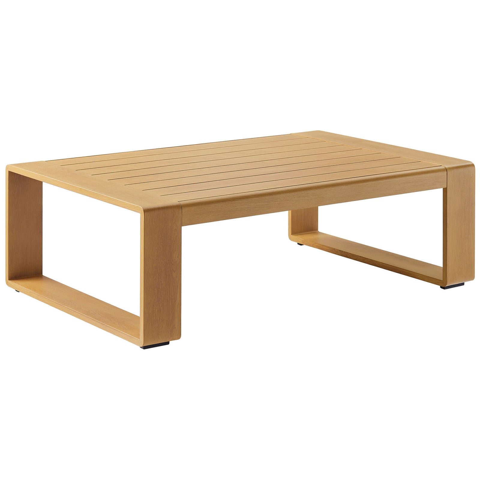 Natural faux wood outdoor coffee table with wide legs and a streamlined open base || EEI-7299-NAT || front_angle_studio