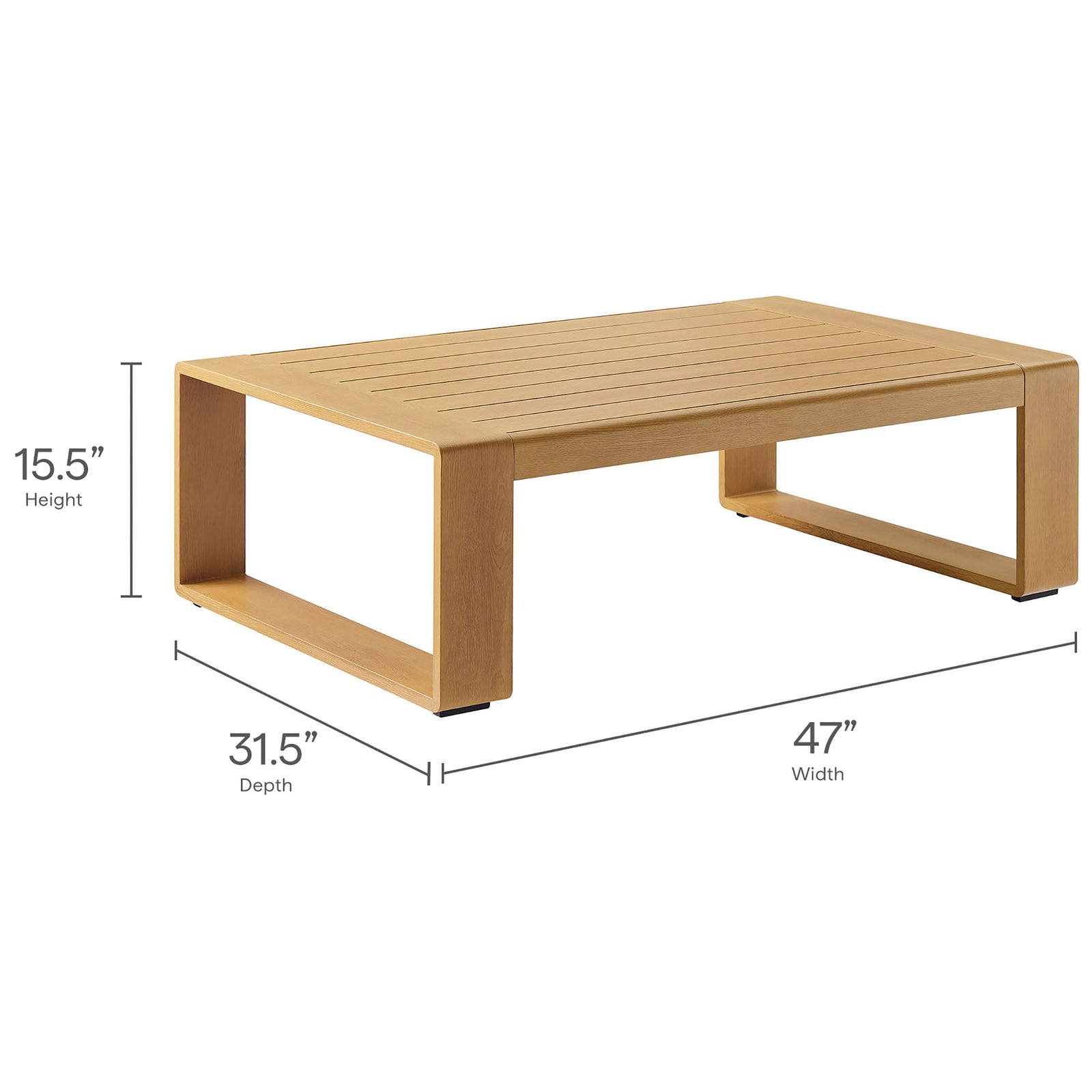 Size illustration of natural faux wood outdoor coffee table with labeled height, width, and depth || EEI-7299-NAT || dimension_studio