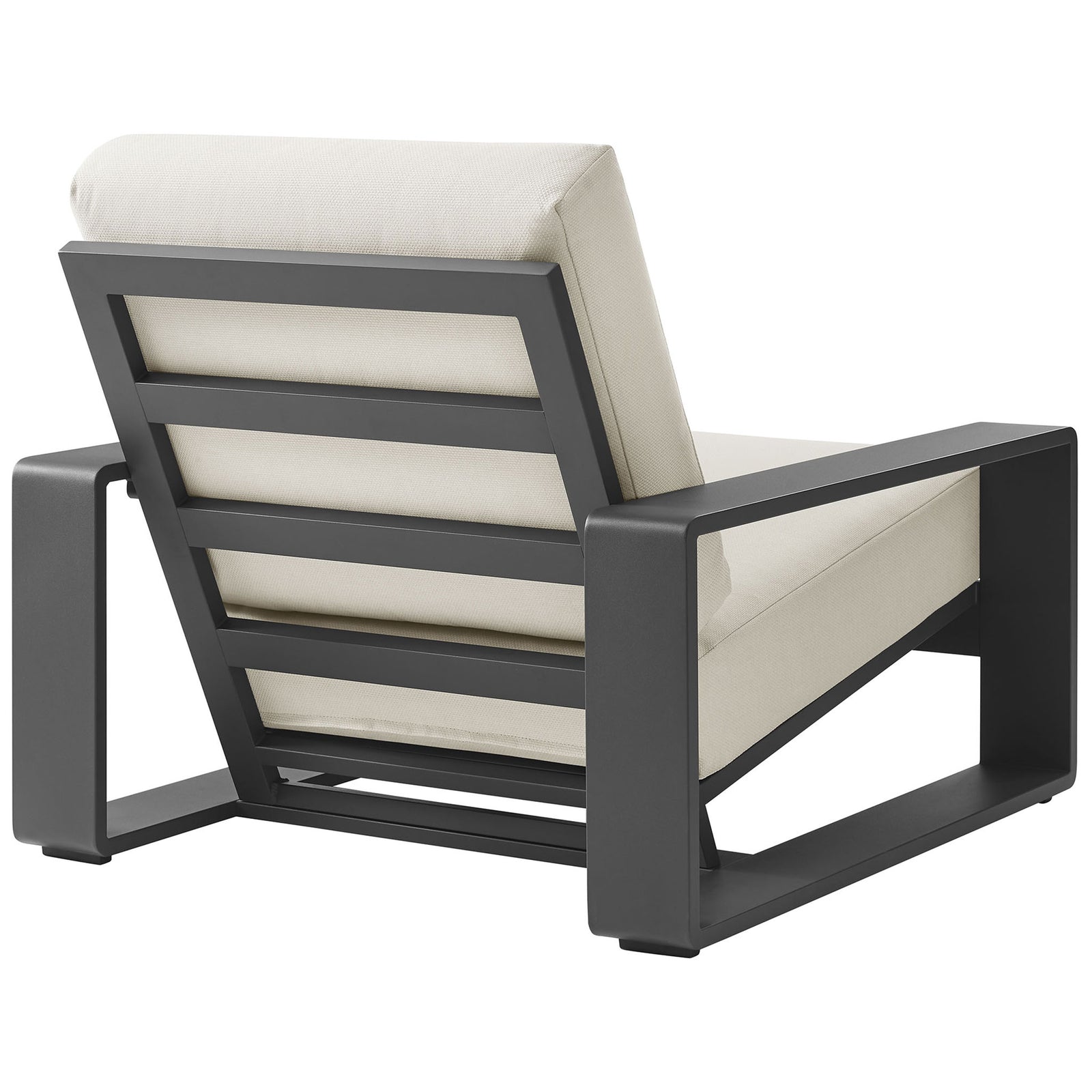 Outdoor armchair with slatted charcoal aluminum back and supportive cream cushions || EEI-7300-CRE-GRY || back_angle_studio