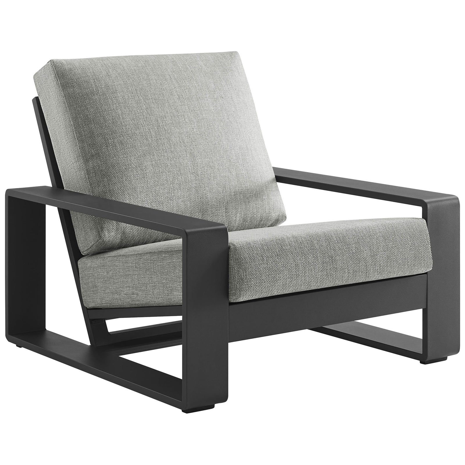 Modern outdoor armchair with open rectangular arms and light gray cushions for sculptural comfort || EEI-7300-LGR-GRY || front_angle_studio