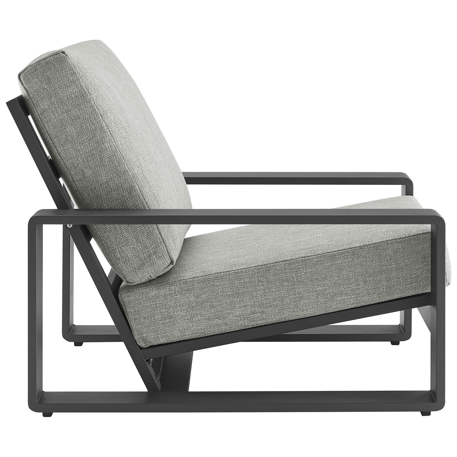 Low-profile outdoor lounge chair with angled seat and plush light gray cushions on a charcoal aluminum base || EEI-7300-LGR-GRY || side_studio
