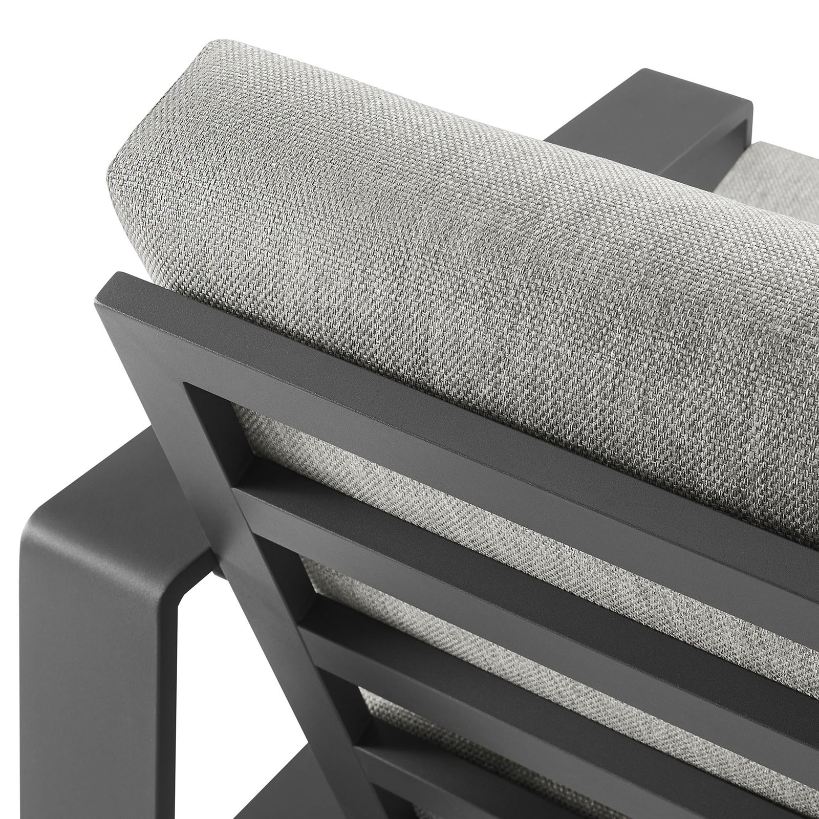 Textured light gray back cushion and smooth charcoal frame highlight refined outdoor style || EEI-7300-LGR-GRY || detail_studio