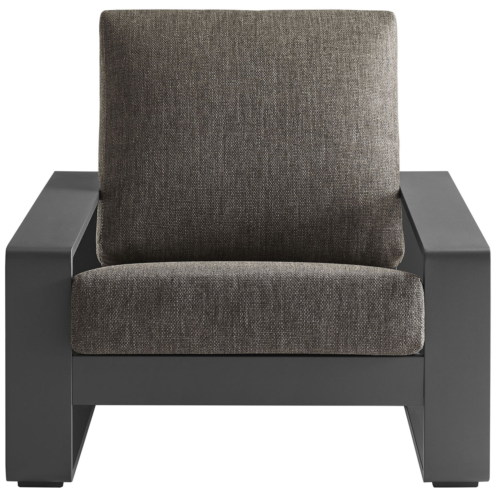 Smoke gray cushioned outdoor armchair with sleek charcoal aluminum frame and deep lounge seat || EEI-7300-SMO-GRY || front_studio