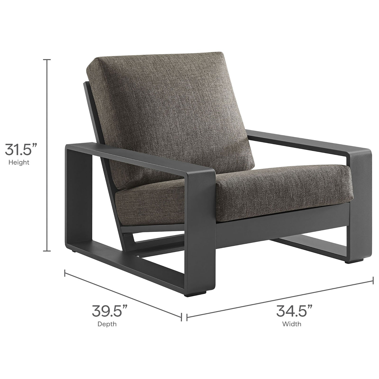 Spacious outdoor club chair sized for laid-back lounging with deep smoke gray cushions and low profile || EEI-7300-SMO-GRY || dimension_studio
