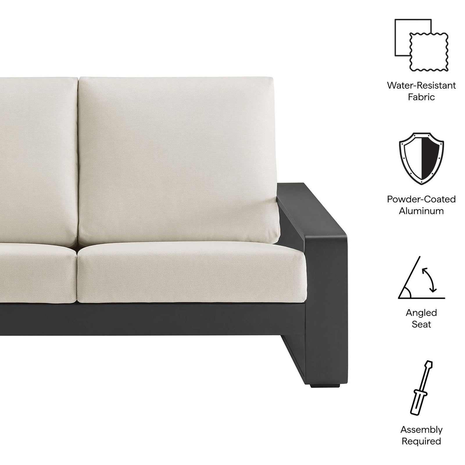 Feature icons highlight the loveseat's water-resistant fabric, powder-coated aluminum frame, and angled seat design || EEI-7301-CRE-GRY || callout_studio