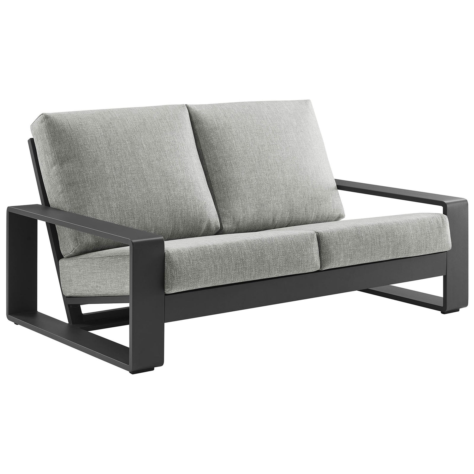 Modern outdoor loveseat with light gray upholstery and sculptural charcoal aluminum frame || EEI-7301-LGR-GRY || front_angle_studio