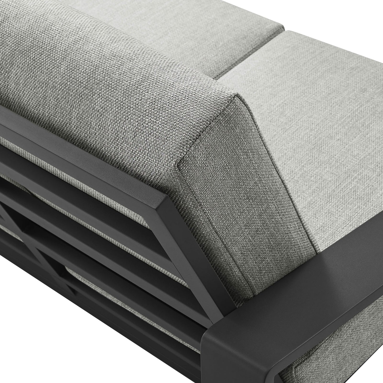 Heathered light gray fabric and crisp seams give the seat and back cushions tailored appeal || EEI-7301-LGR-GRY || detail_studio