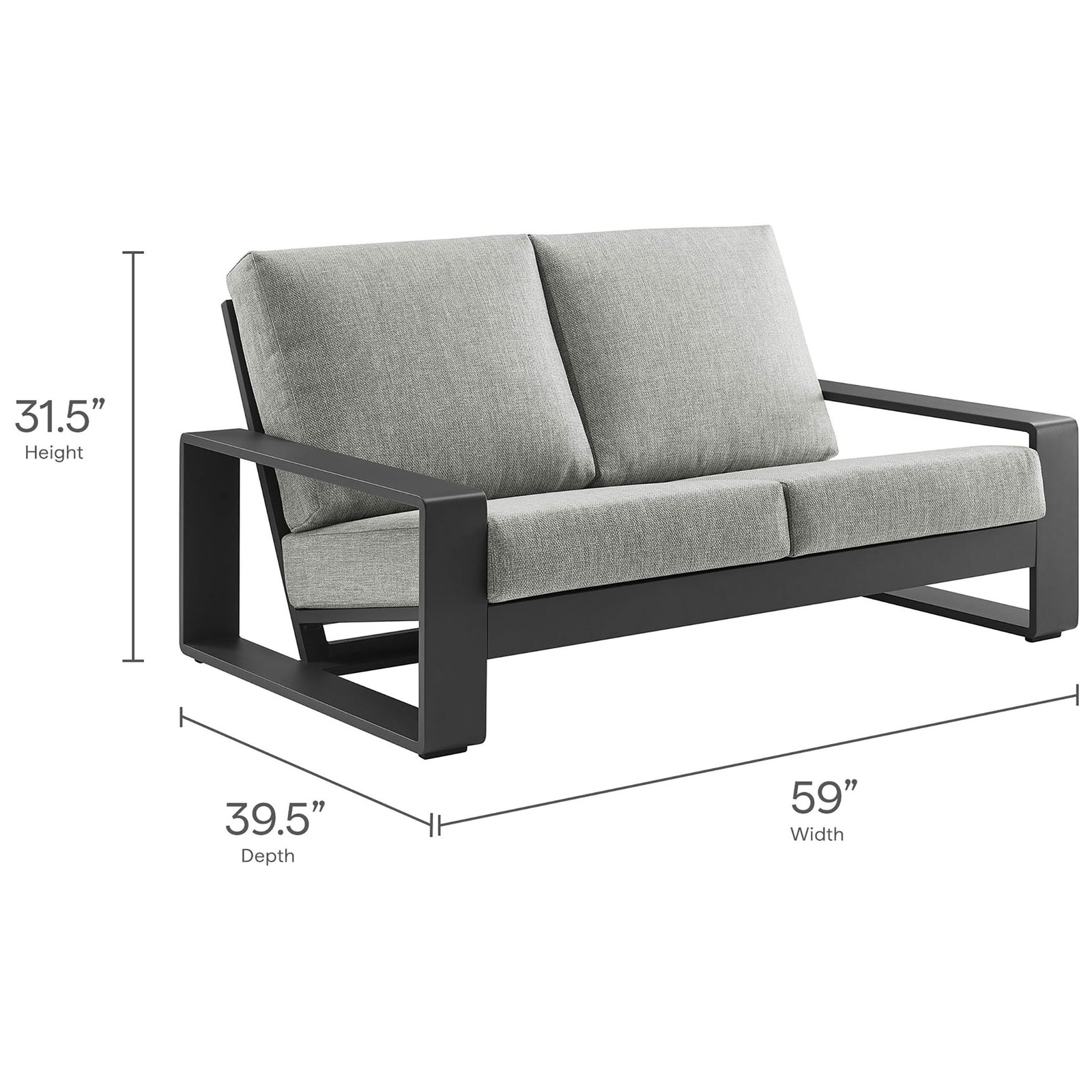 Dimension diagram presents the loveseat's overall height, depth, and width for perfect patio placement || EEI-7301-LGR-GRY || dimension_studio