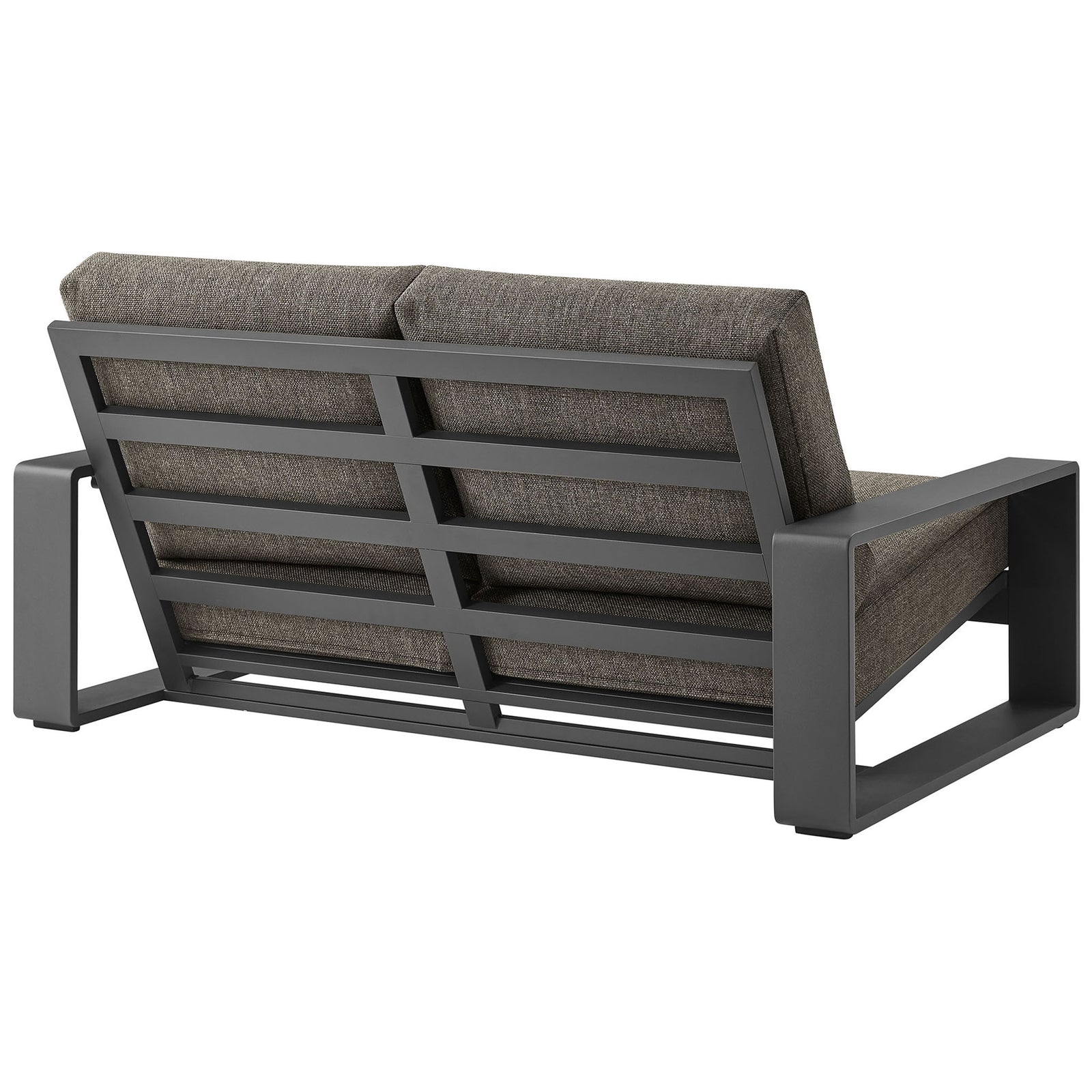 Layered slatted back showcases the smoke gray cushions and strong geometric aluminum frame || EEI-7301-SMO-GRY || back_angle_studio