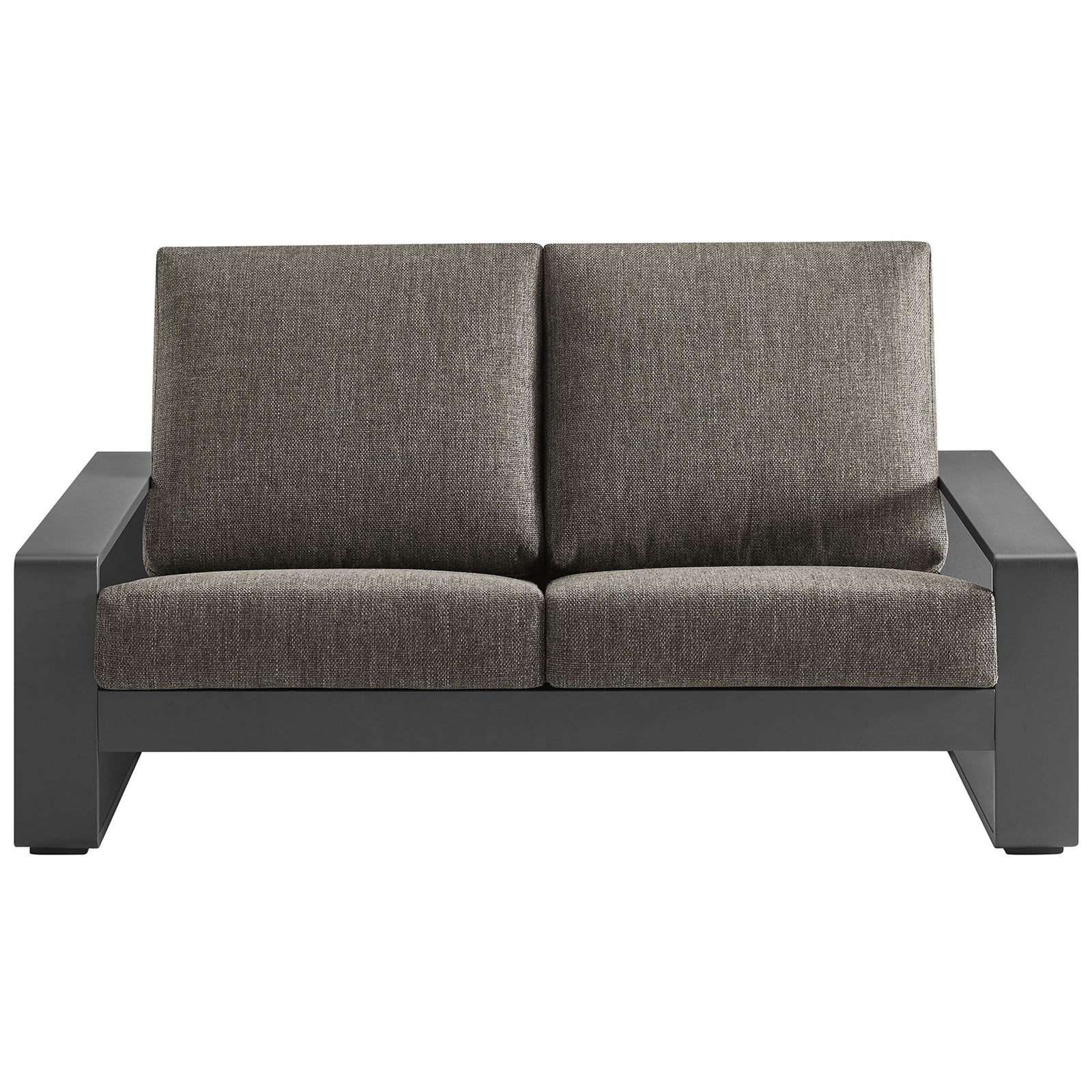 Smoke gray cushions and charcoal aluminum frame form a bold, modern outdoor loveseat silhouette || EEI-7301-SMO-GRY || front_studio