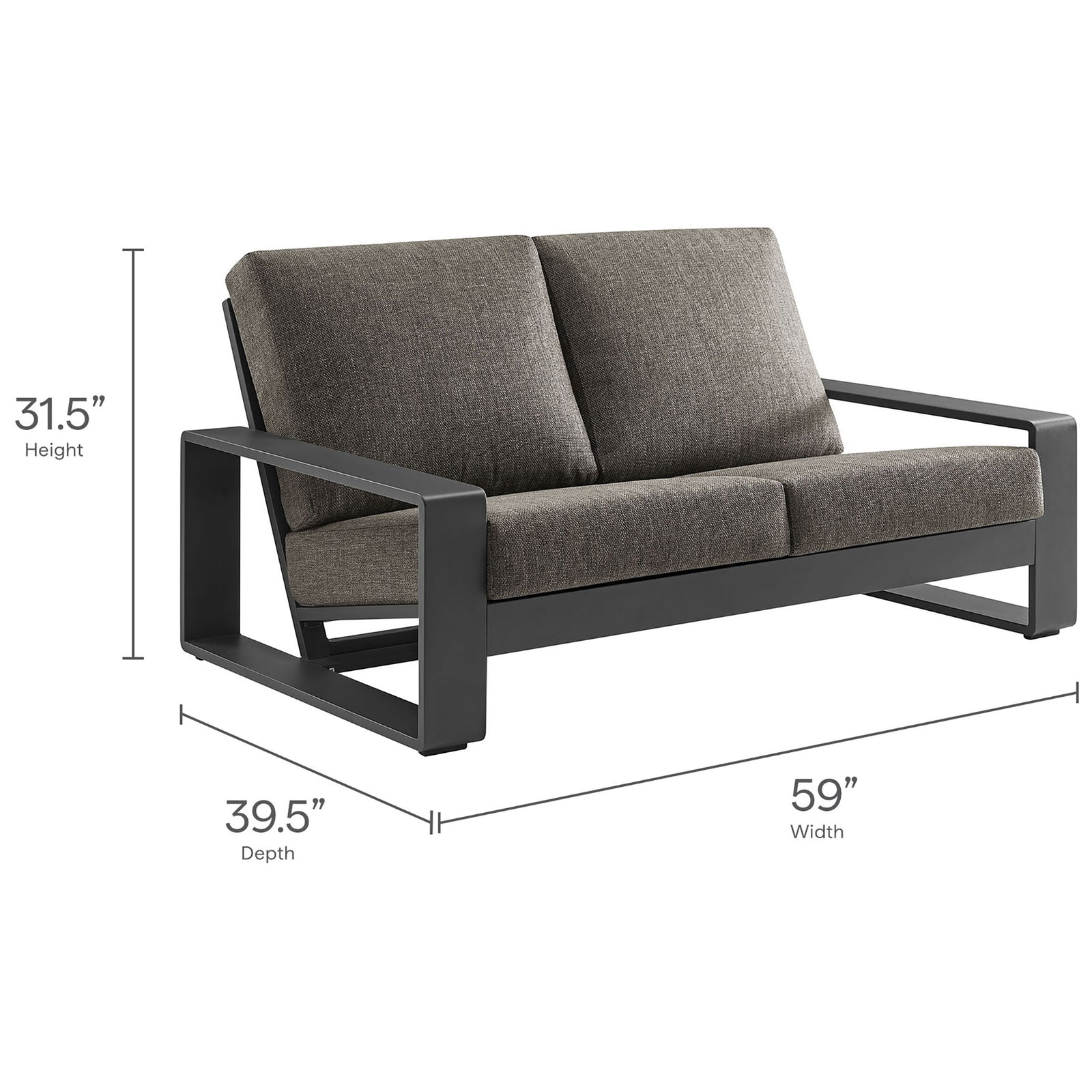 Dimension layout details the loveseat's generous measurements for designing an outdoor seating area || EEI-7301-SMO-GRY || dimension_studio