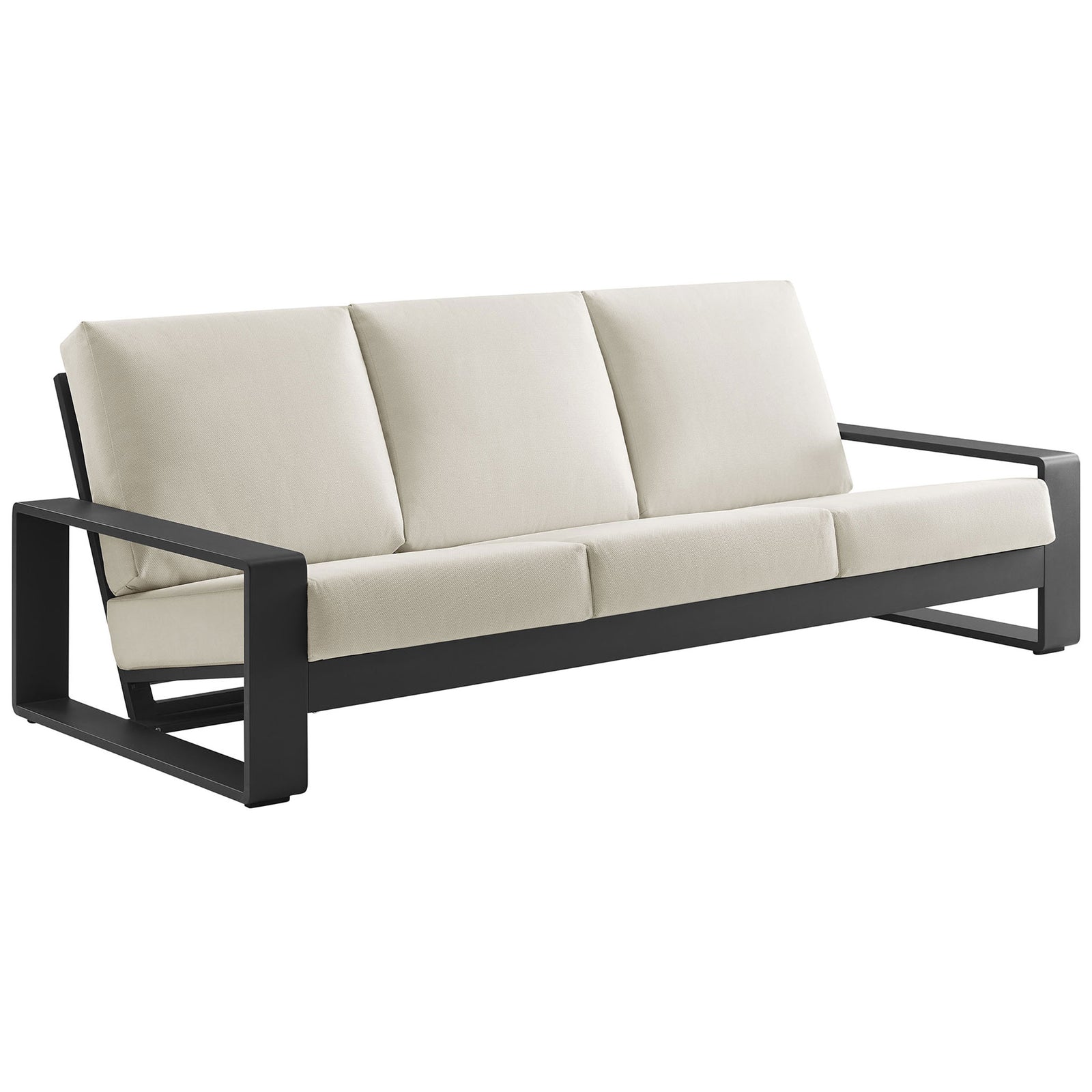 Cream cushioned outdoor sofa with deep angled seat and wide charcoal arms for relaxed lounging || EEI-7302-CRE-GRY || front_angle_studio