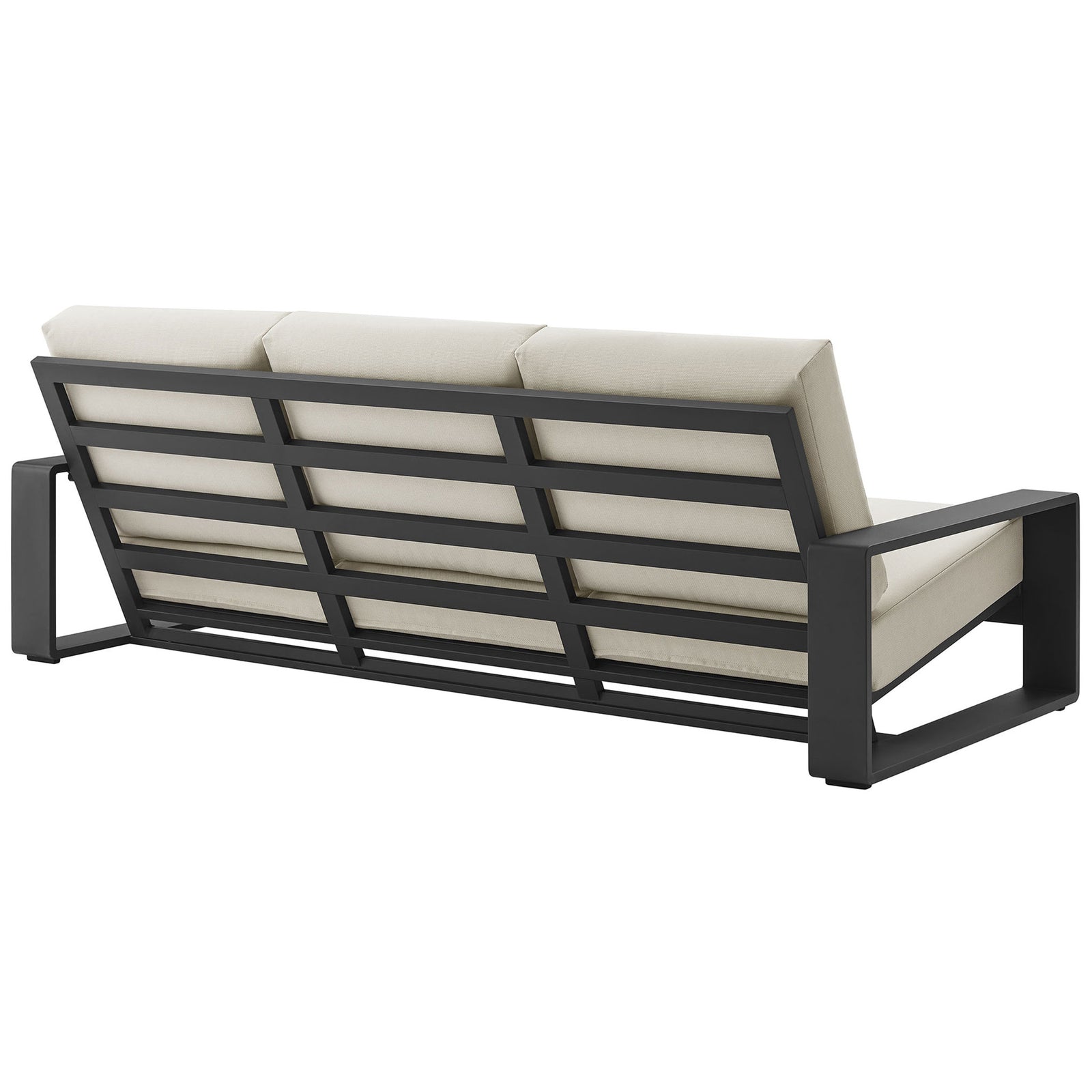 Cream outdoor sofa featuring airy slatted charcoal backrest and sturdy metal base for modern style || EEI-7302-CRE-GRY || back_angle_studio