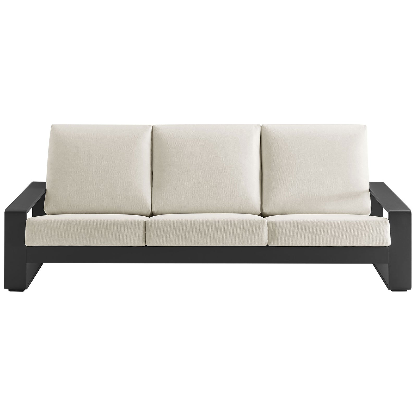 Cream outdoor sofa with plush three-seat cushions and bold charcoal aluminum frame for chic patios || EEI-7302-CRE-GRY || front_studio