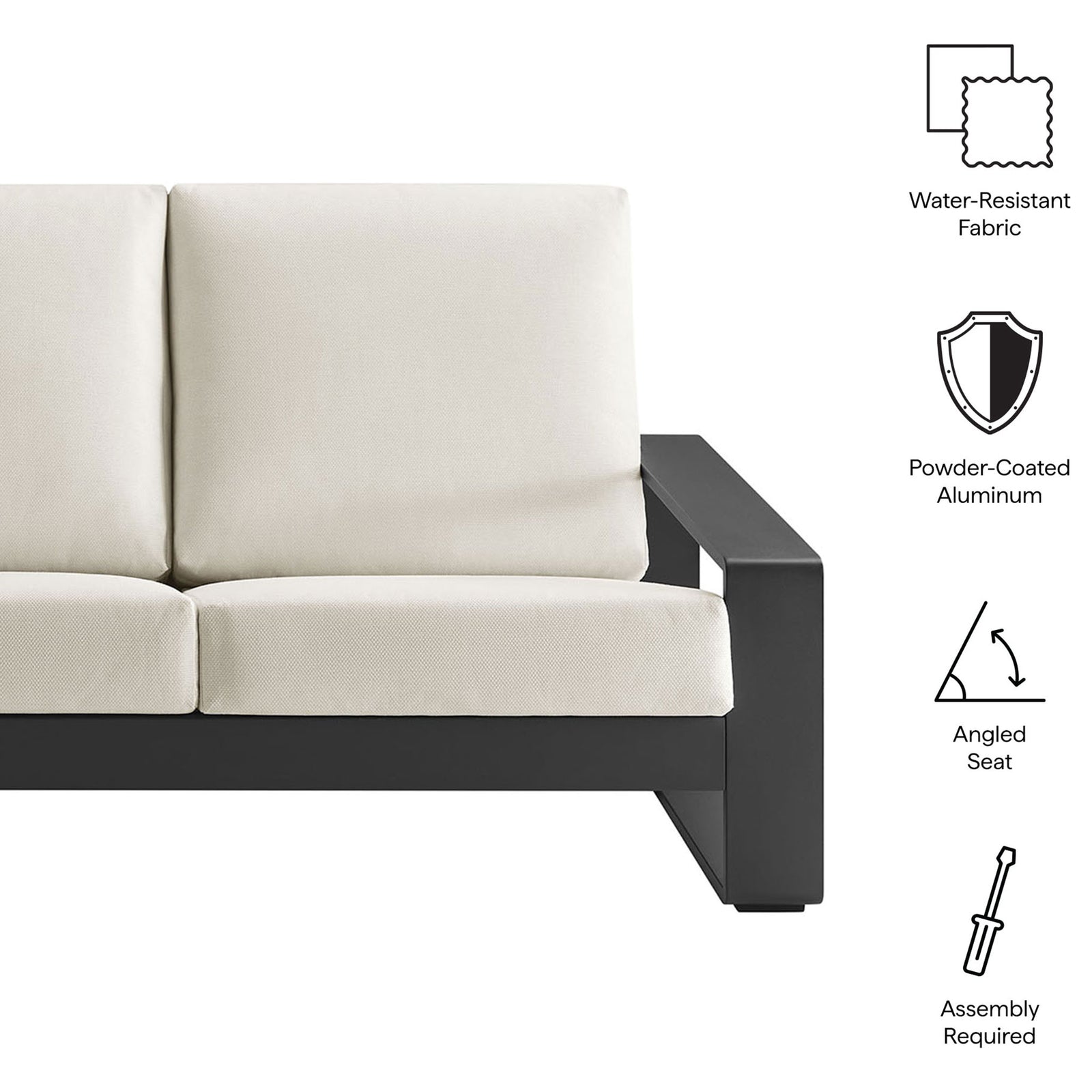 Cream outdoor sofa highlighting water-resistant fabric, powder-coated aluminum frame, and angled seat construction || EEI-7302-CRE-GRY || callout_studio