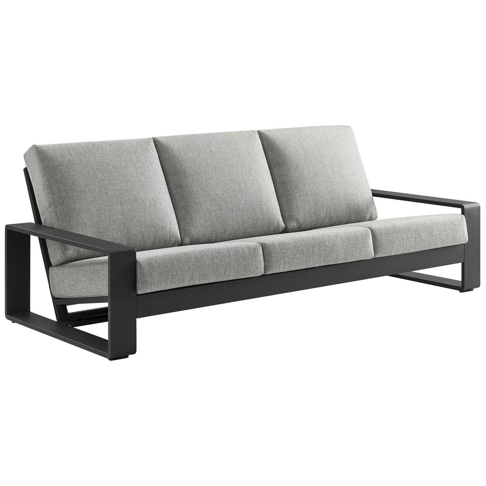 Light gray cushioned outdoor sofa with deep seating and wide angular arms for contemporary lounging || EEI-7302-LGR-GRY || front_angle_studio