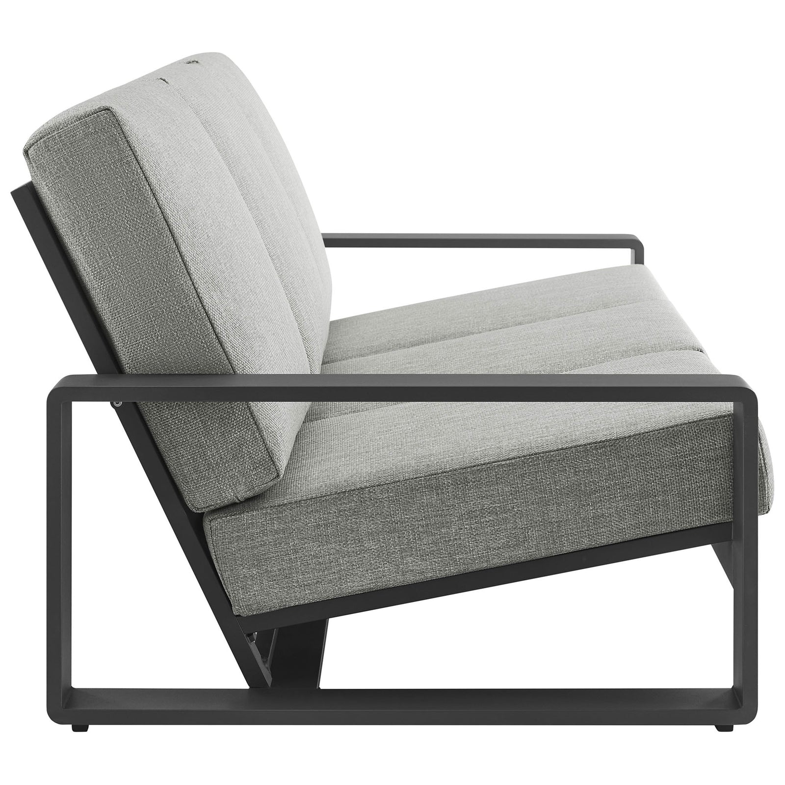 Sleek outdoor sofa with light gray cushions and reclined back supported by a strong charcoal metal frame || EEI-7302-LGR-GRY || side_studio