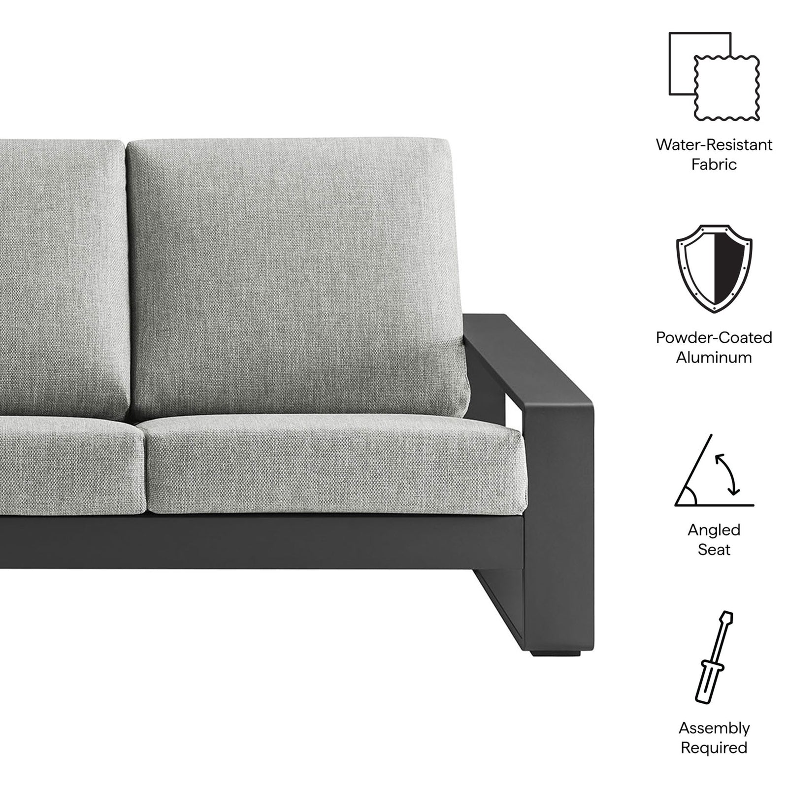 Light gray outdoor sofa with icons calling out water-resistant fabric, powder-coated frame, and angled seat design || EEI-7302-LGR-GRY || callout_studio