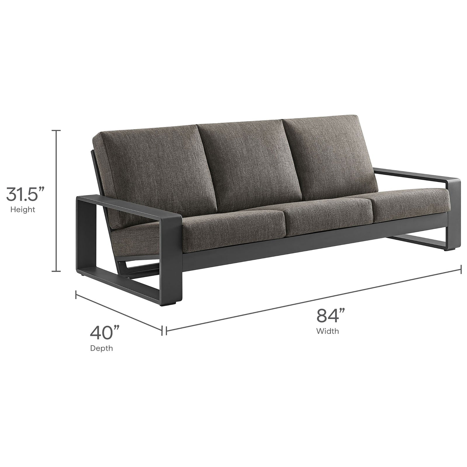 Dimension layout of smoke gray outdoor sofa with overall 31.5 x 40 x 84 inch measurements || EEI-7302-SMO-GRY || dimension_studio