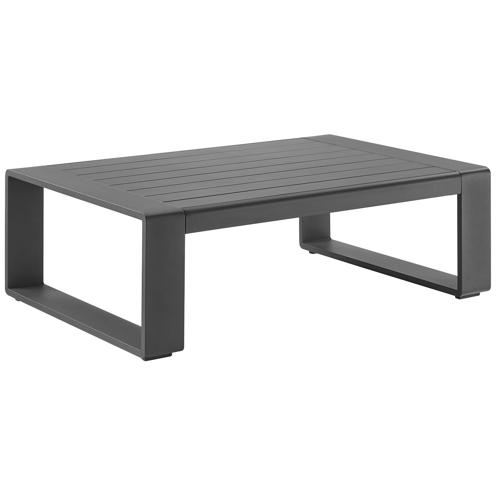 Gray aluminum outdoor coffee table with wide rectangular legs and modern open base || EEI-7303-GRY || front_angle_studio