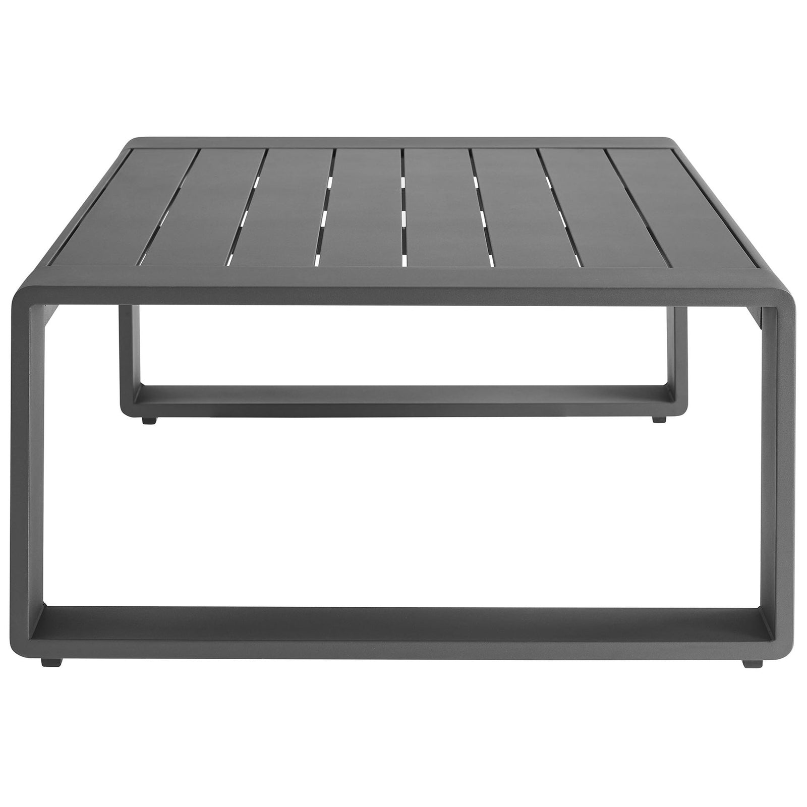 Gray metal coffee table highlighting slatted top and open base for contemporary outdoor seating || EEI-7303-GRY || side_studio