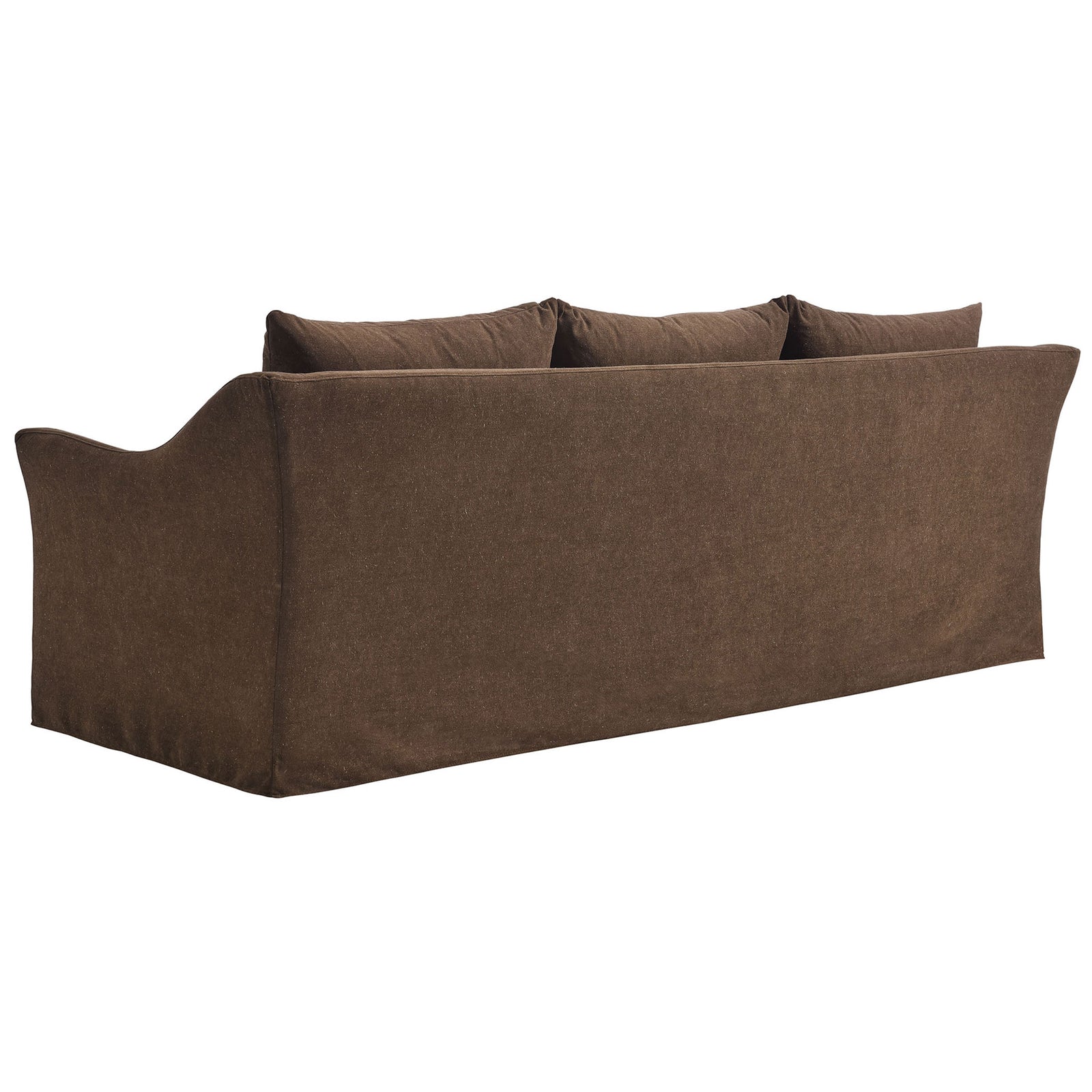 Back view of cocoa linen blend sofa with smooth tailored slipcover and gently flared arms || EEI-7310-COA || back_angle_studio