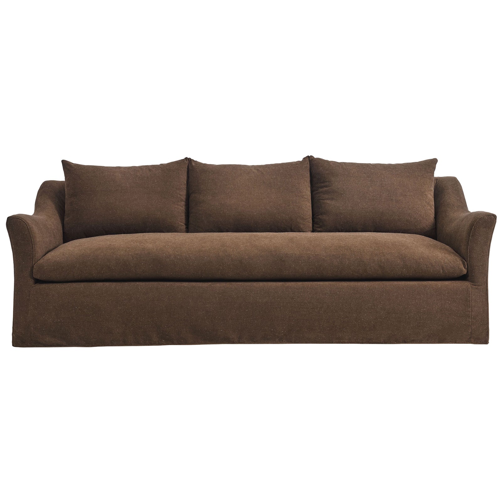 Cocoa brown Somerset slipcovered linen blend sofa with single bench seat and three plush back cushions || EEI-7310-COA || front_studio