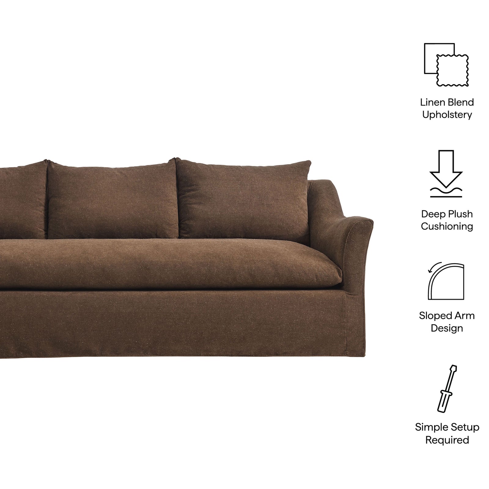 Somerset sofa with cocoa linen blend upholstery shown beside icons highlighting comfort and easy setup || EEI-7310-COA || callout_studio