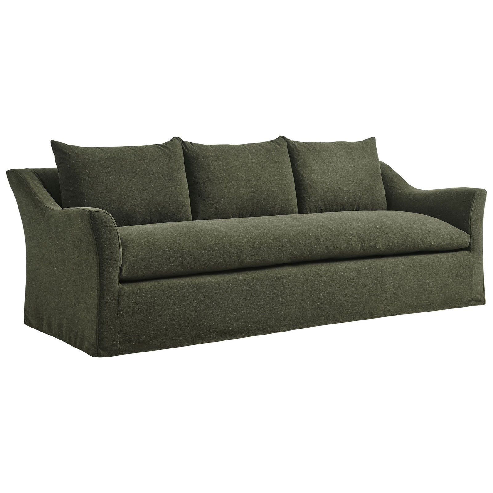 Somerset slipcovered sofa in sage linen blend showing its graceful sloped arms and tailored modern profile || EEI-7310-SGE || front_angle_studio
