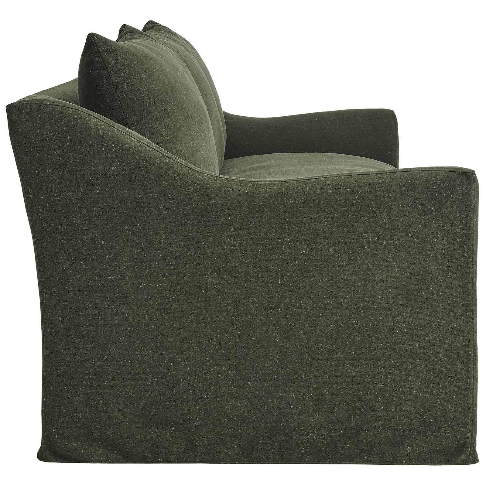 Deep seat Somerset sofa in profile with slim slipcovered sides and a softly flared armrest || EEI-7310-SGE || side_studio