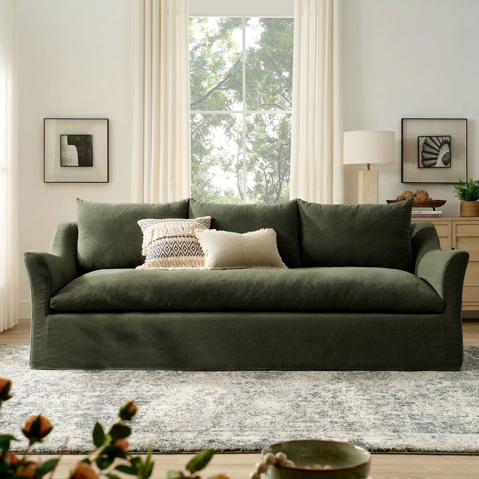 Somerset sofa centered in a cozy living room, paired with soft neutral decor for a relaxed modern look || EEI-7310-SGE || front_room