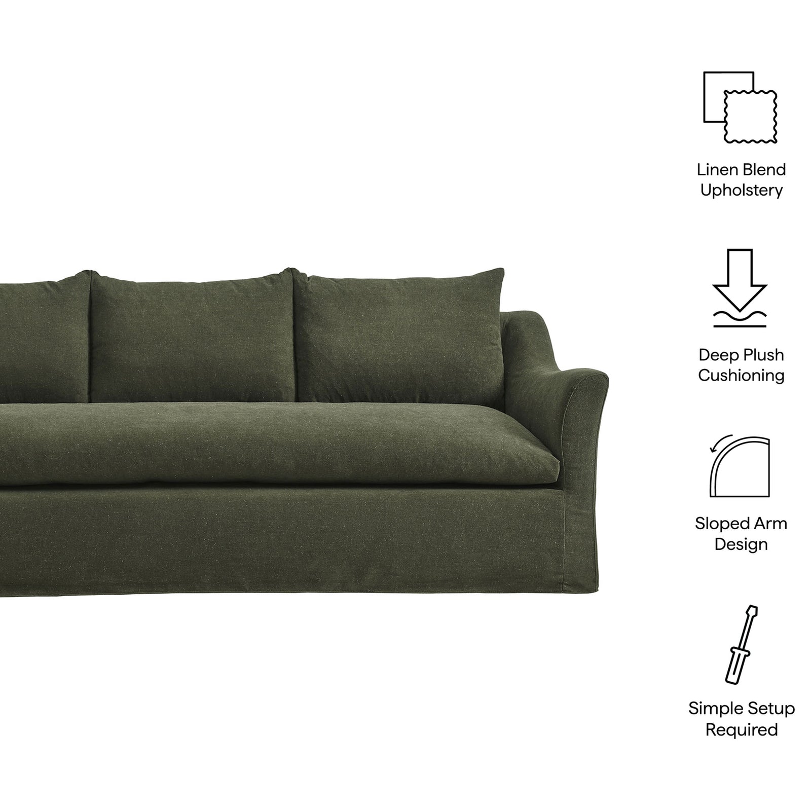 Feature diagram of the Somerset sofa highlighting linen blend upholstery, deep cushioning, and sloped arms || EEI-7310-SGE || callout_studio