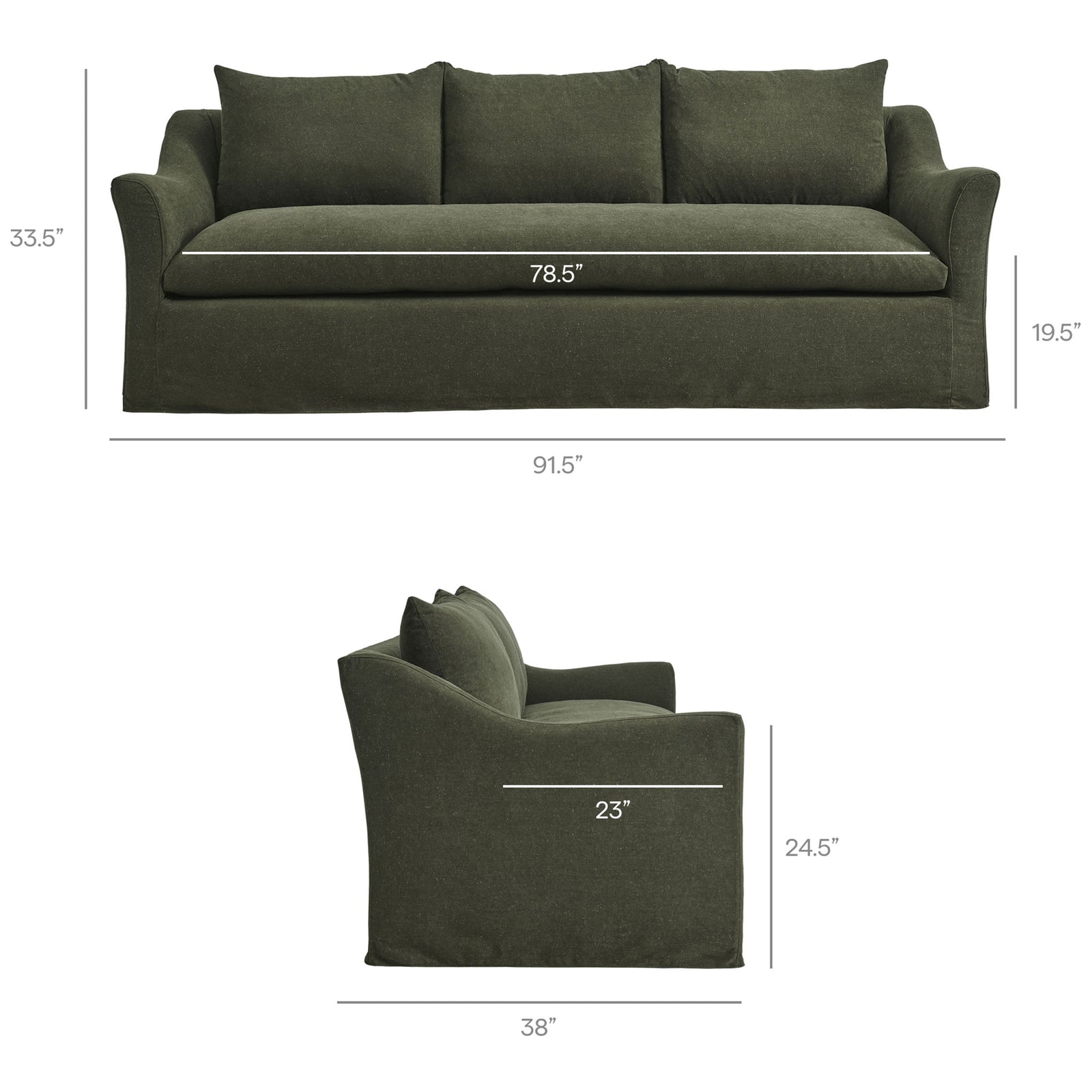 Dimension guide for the Somerset sofa showing overall width, depth, height, seat depth, and arm height measurements || EEI-7310-SGE || dimension_studio