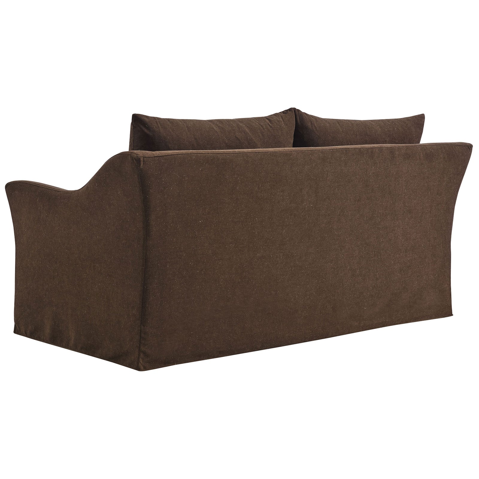 Clean slipcovered back panel and gently flared sides in rich cocoa performance fabric || EEI-7311-COA || back_angle_studio