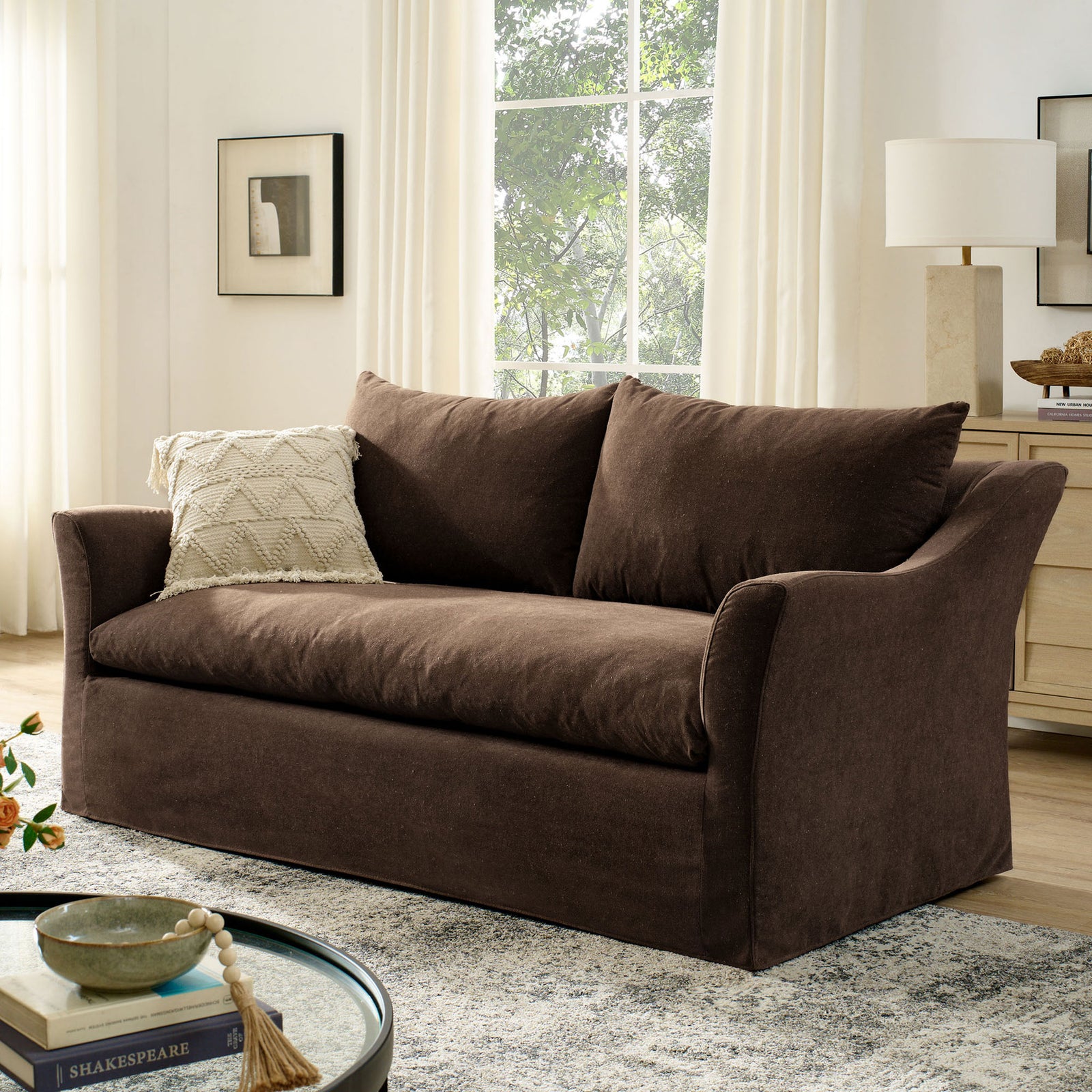 Somerset cocoa loveseat bringing warm relaxed comfort to a modern living room || EEI-7311-COA || front_angle_room